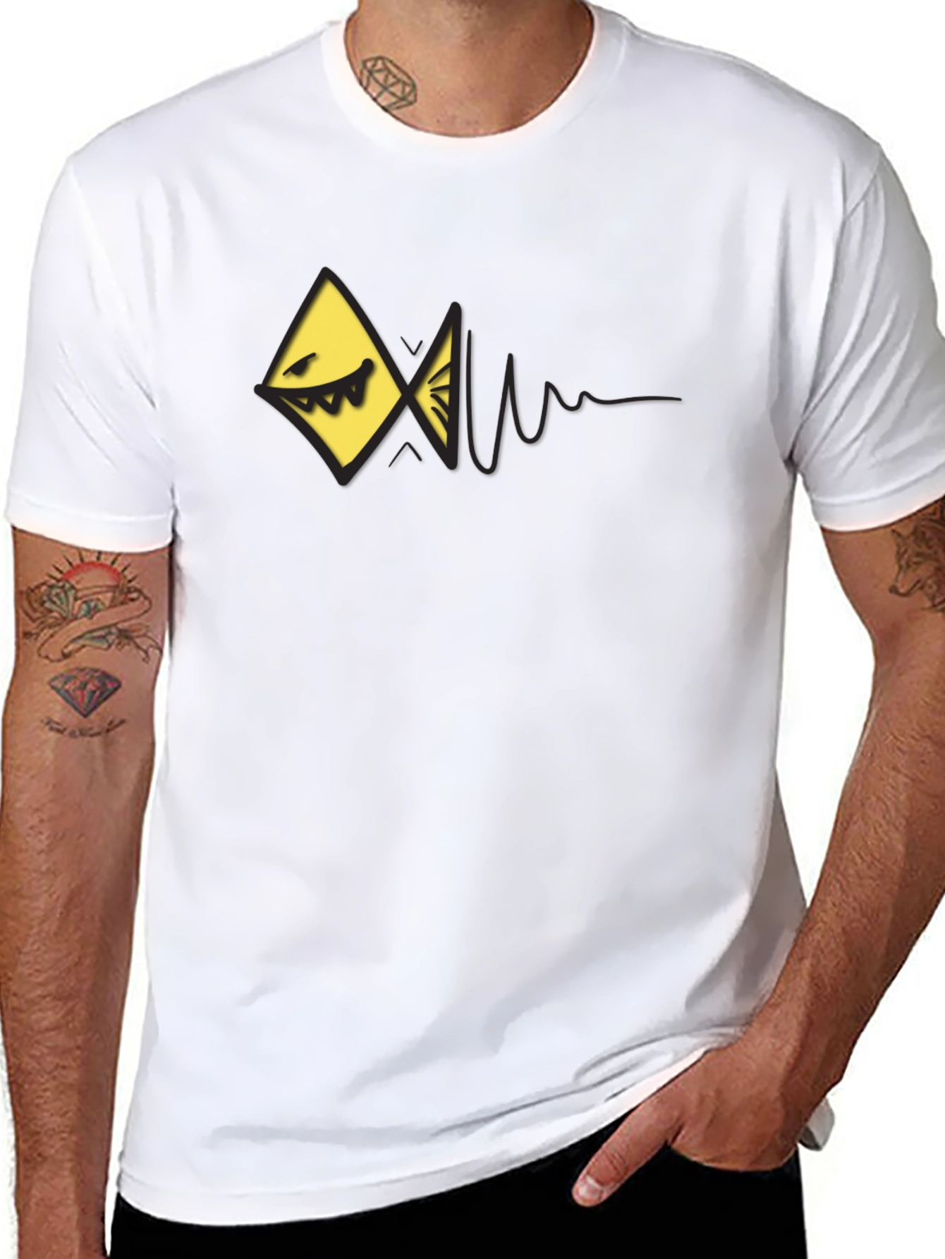 Edgy Geometric Fish Graphic Black T-Shirt