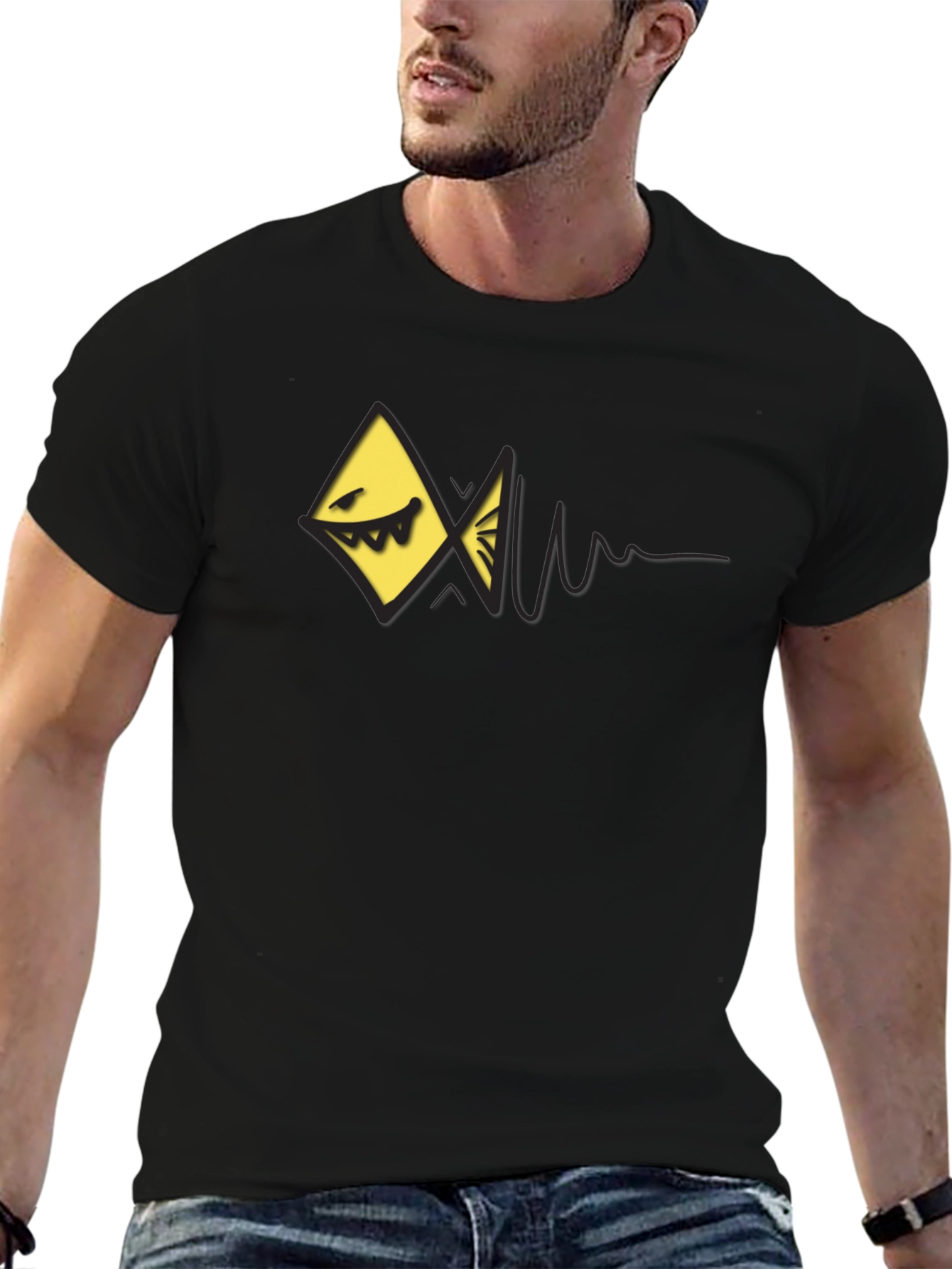 Edgy Geometric Fish Graphic Black T-Shirt