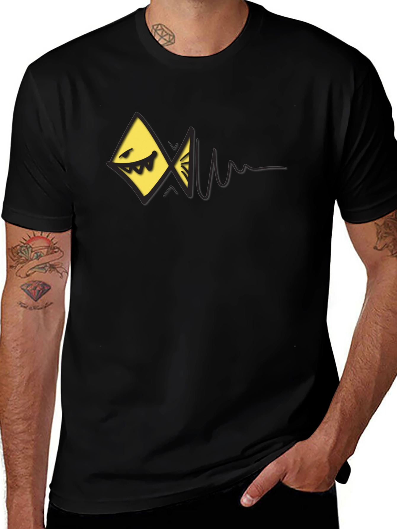 Edgy Geometric Fish Graphic Black T-Shirt