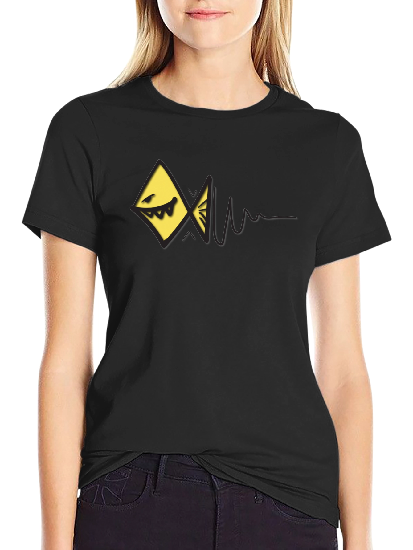 Edgy Geometric Fish Graphic Black T-Shirt