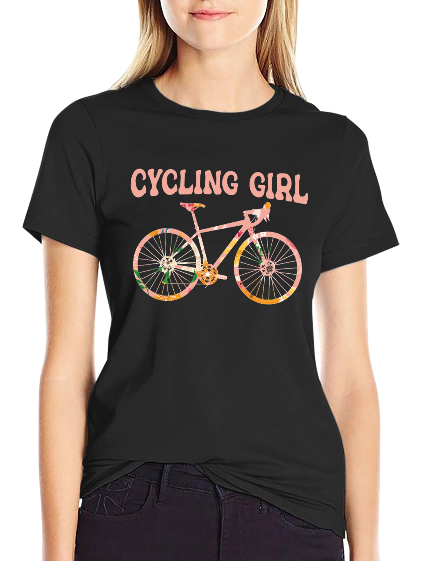 Cycling Girl T-Shirt - Floral Bike Design