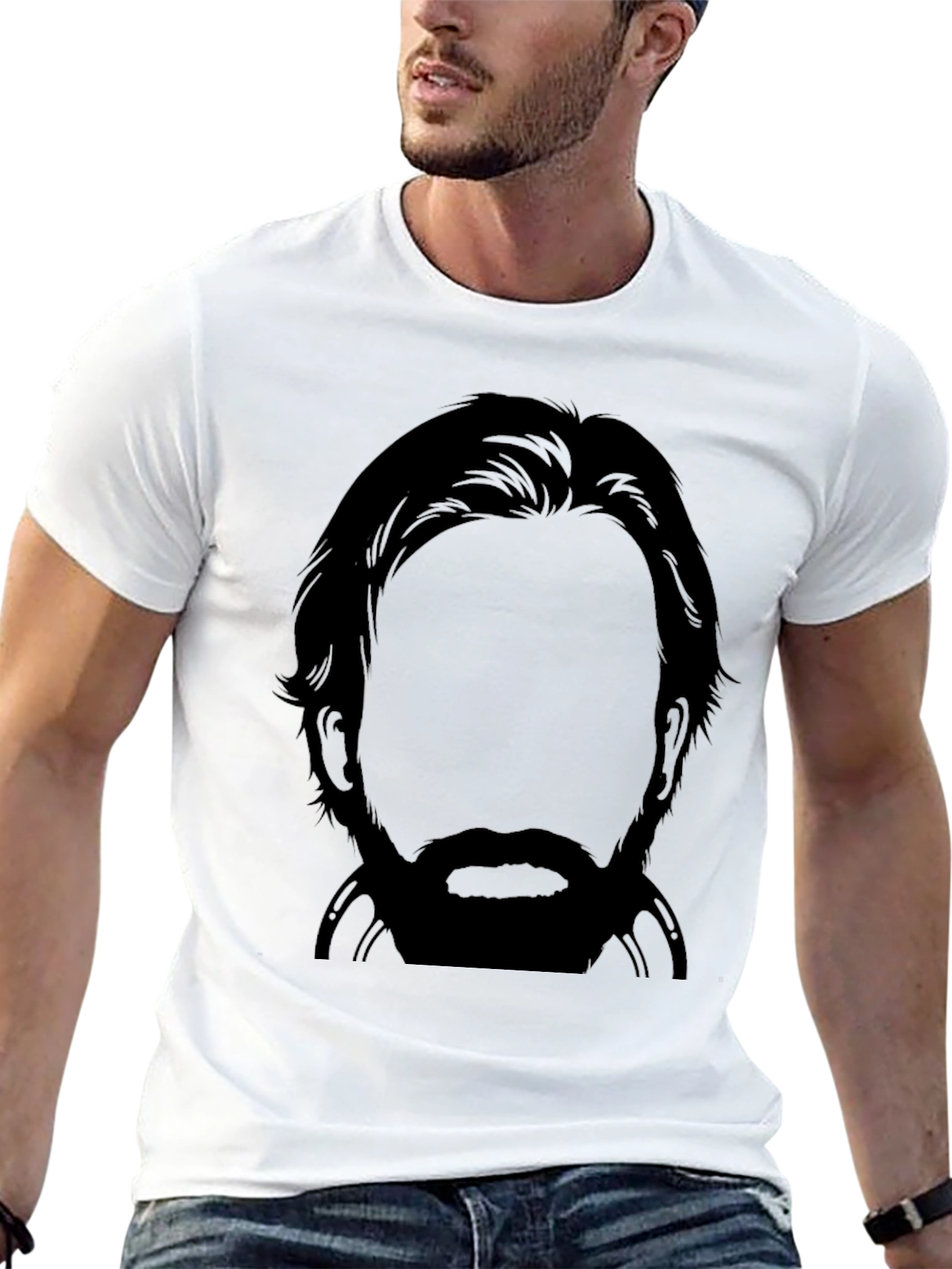 Bearded Silhouette Graphic Tee - Black Crew Neck T-Shirt
