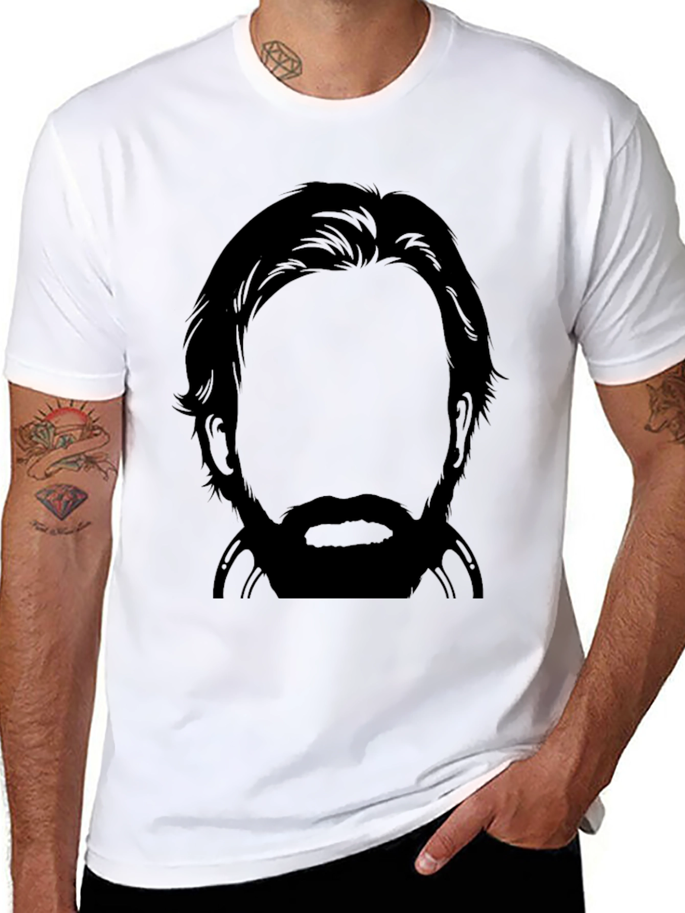Bearded Silhouette Graphic Tee - Black Crew Neck T-Shirt