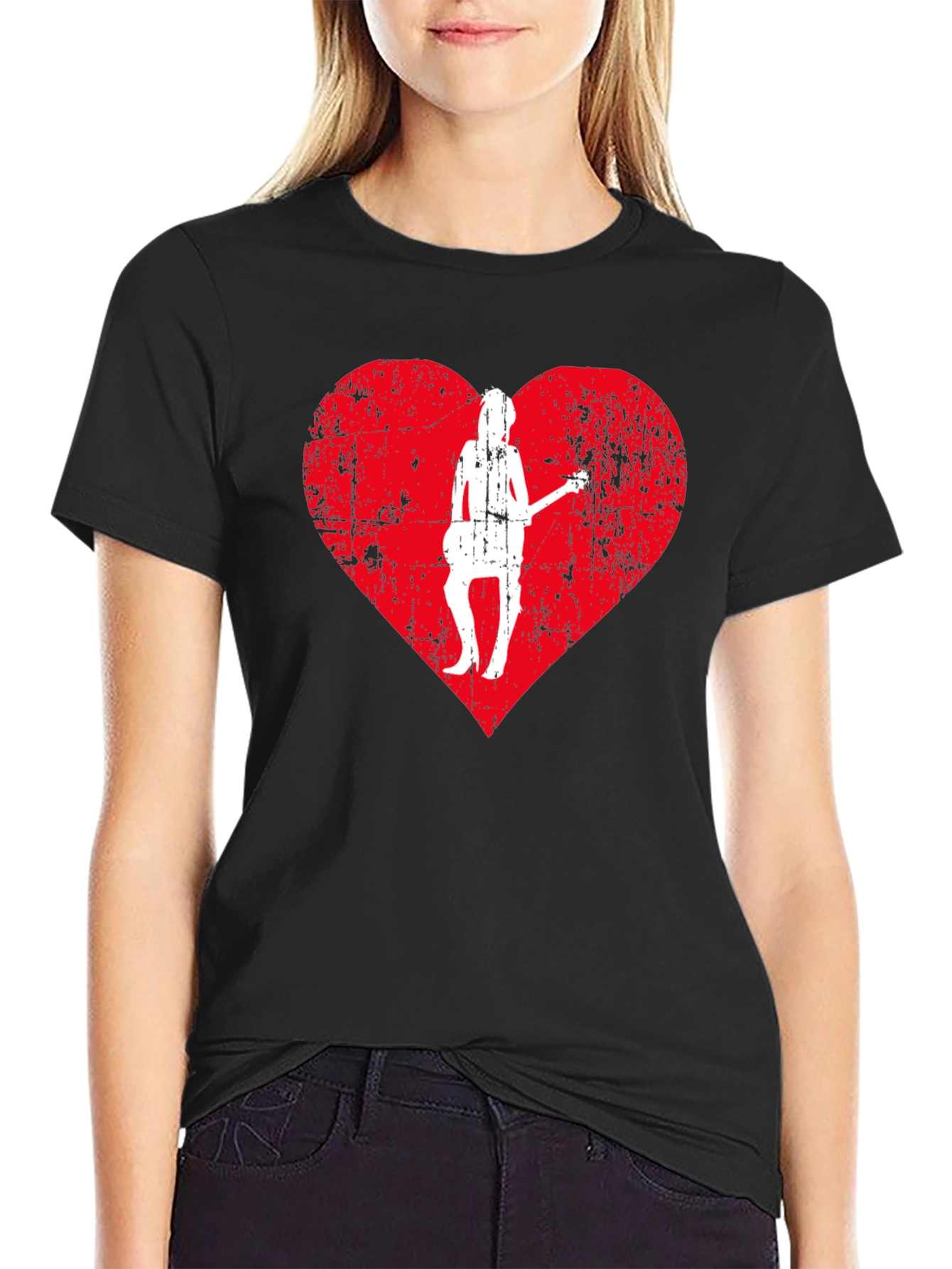 Guitar Girl Heart Graphic Tee - Black