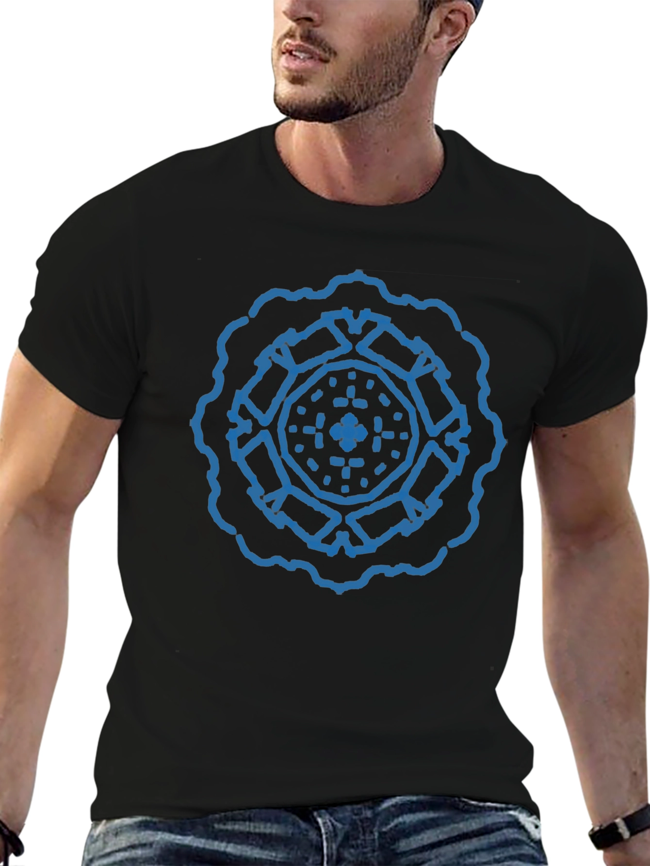 Geometric Blue Print Black T-Shirt