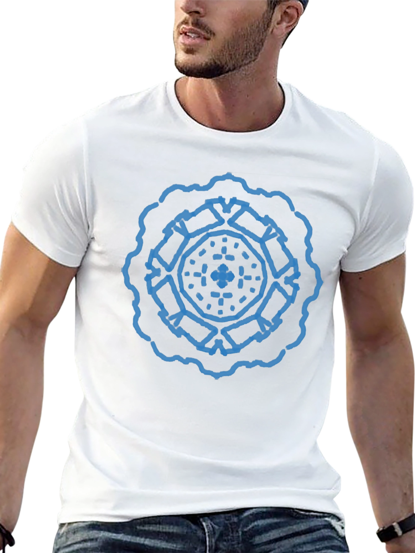 Geometric Blue Print Black T-Shirt