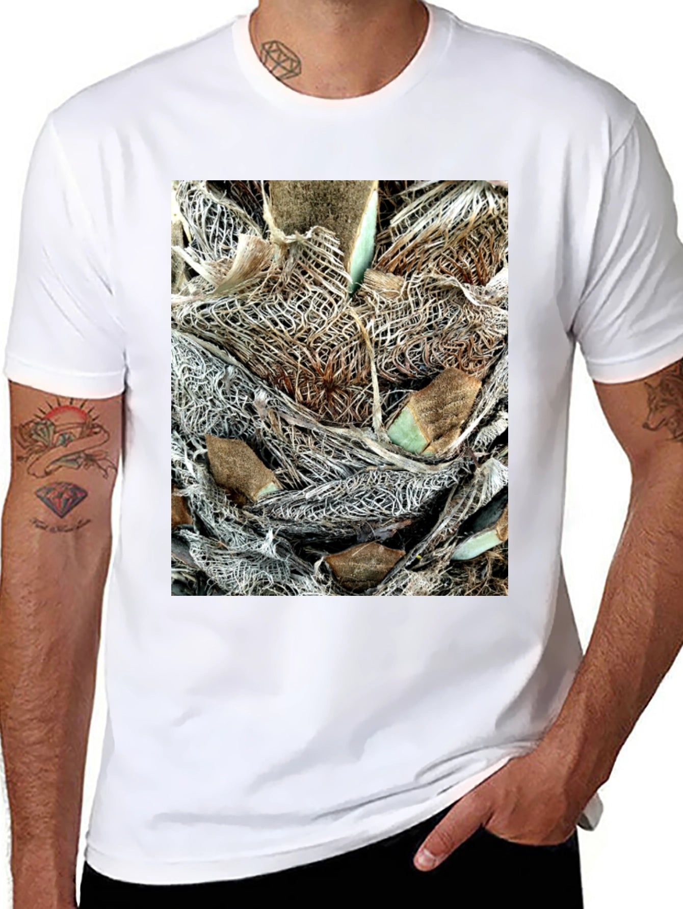 Textured Palm Bark Print Black T-Shirt