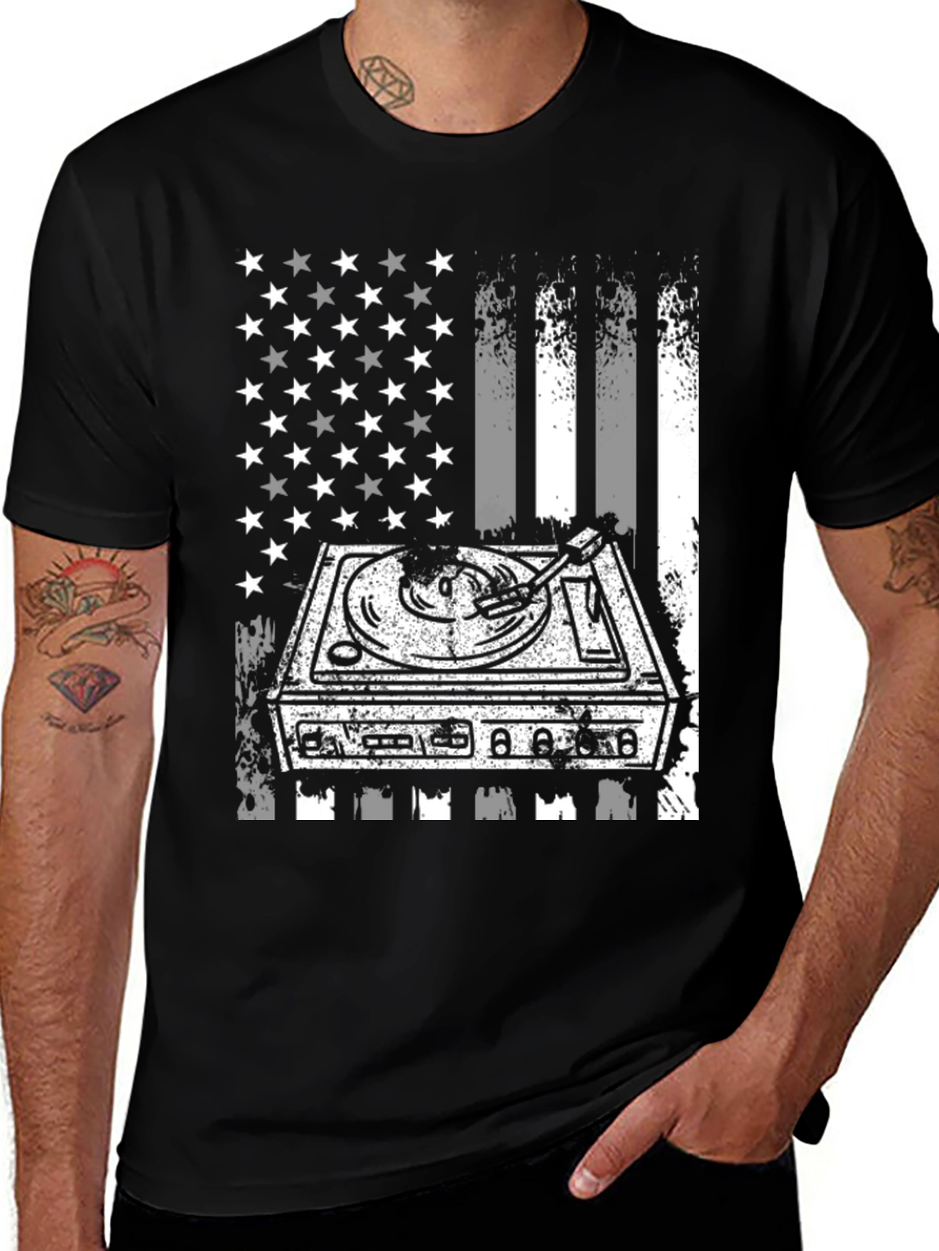 DJ Turntable American Flag Graphic T-Shirt