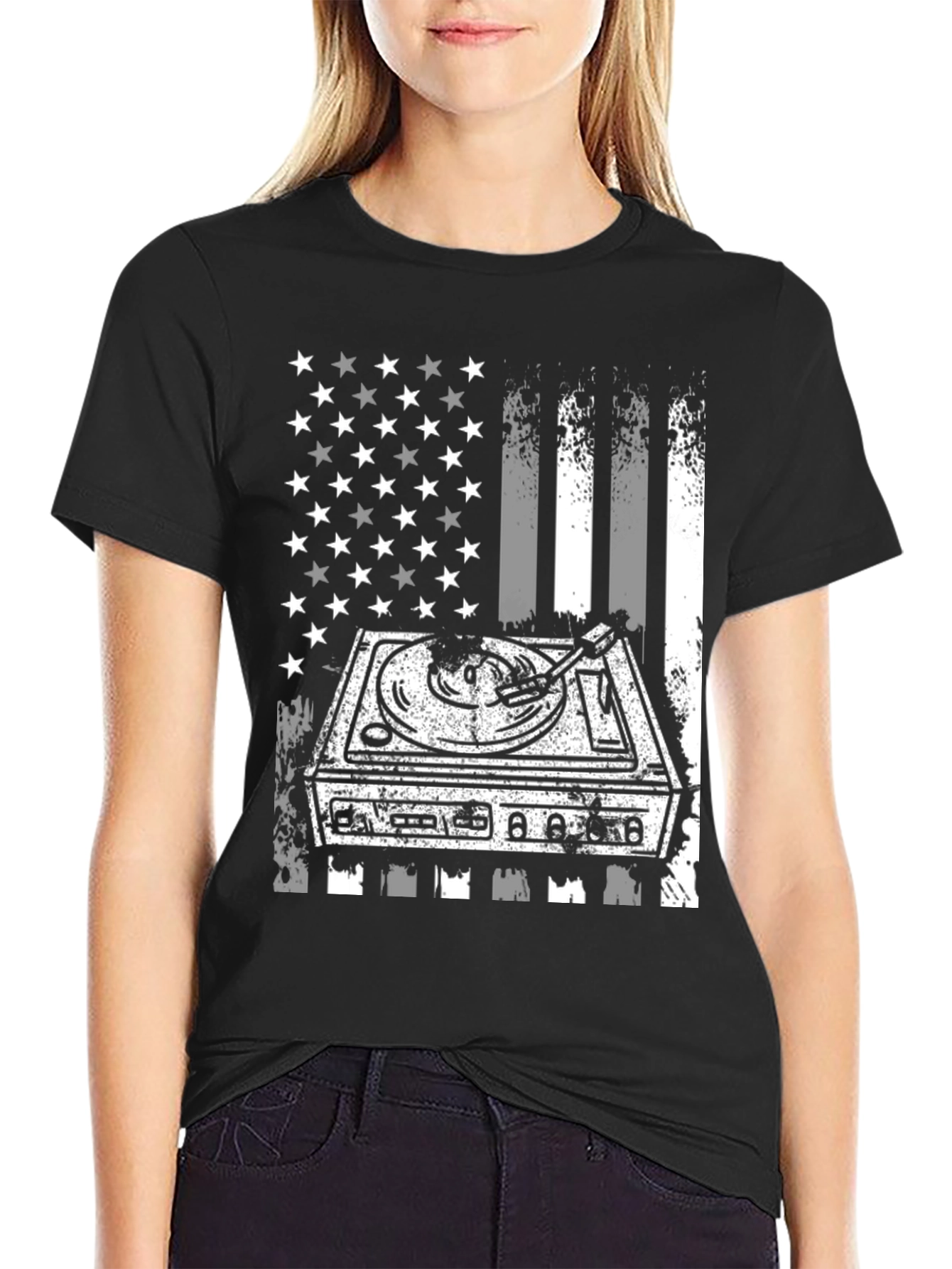 DJ Turntable American Flag Graphic T-Shirt