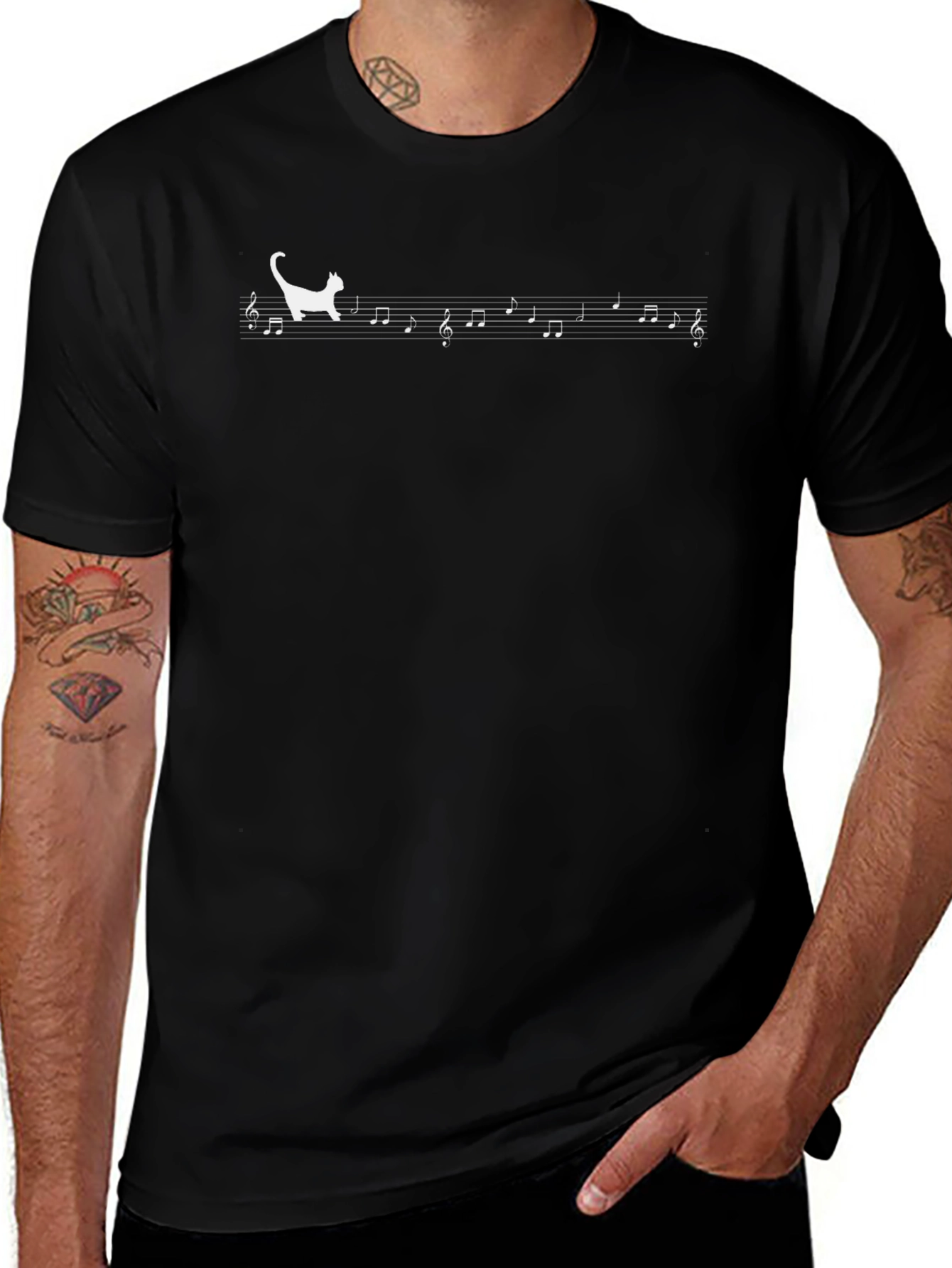 Cat Music Note T-Shirt - Black Cotton Tee