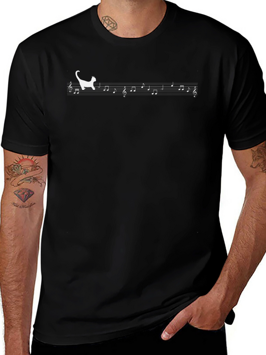 Cat Music Note T-Shirt - Black Cotton Tee