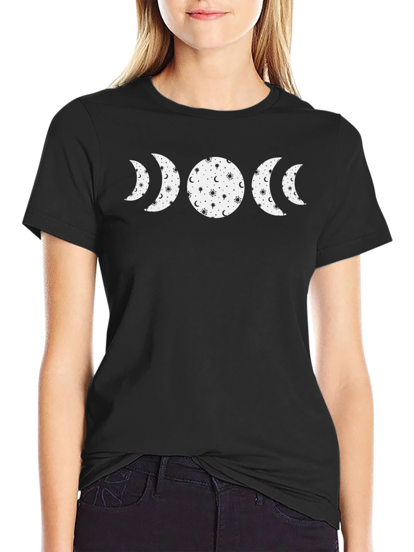 Celestial Moon Phase Graphic Tee - Black Cotton
