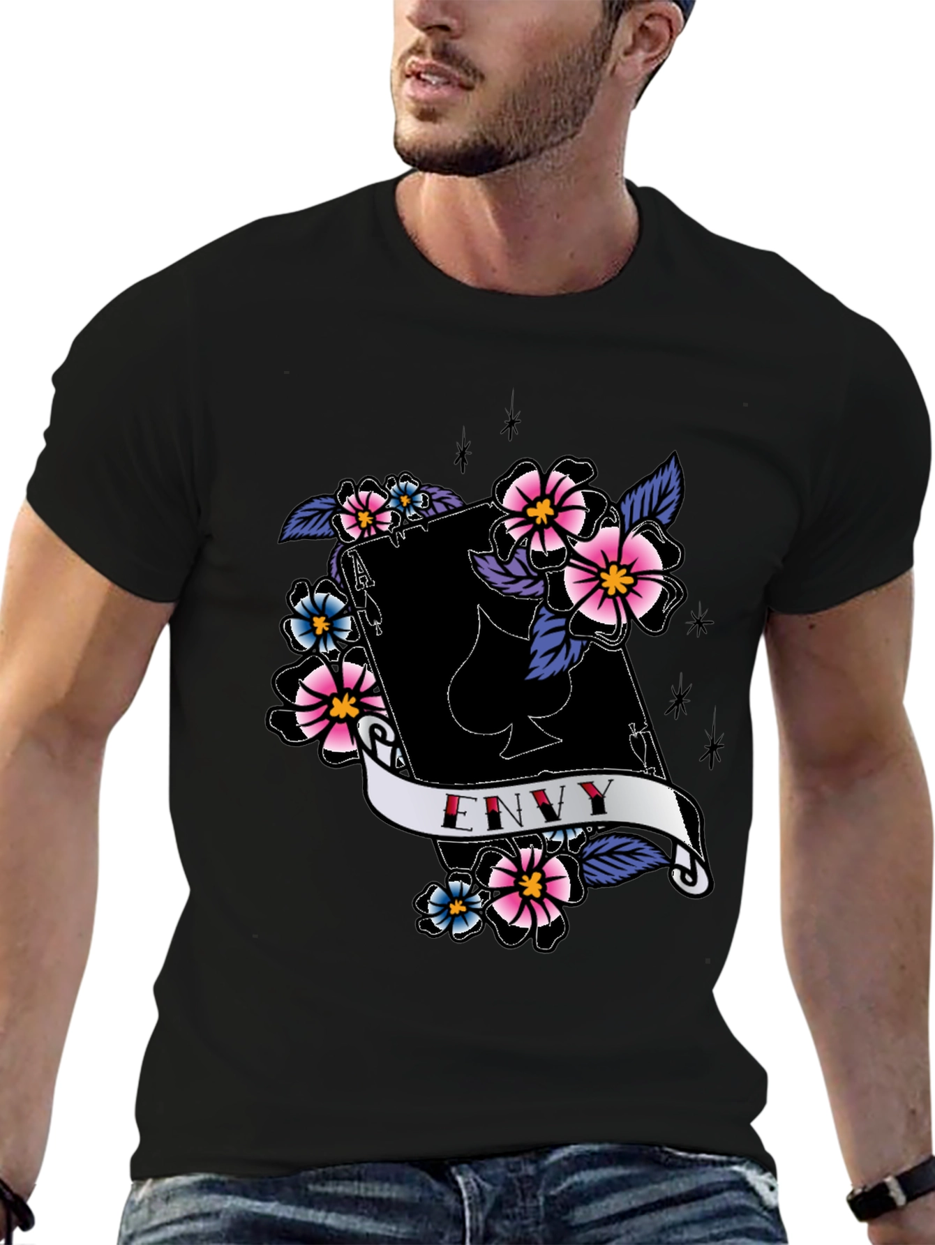 Envy Ace of Spades Floral Graphic Black T-Shirt