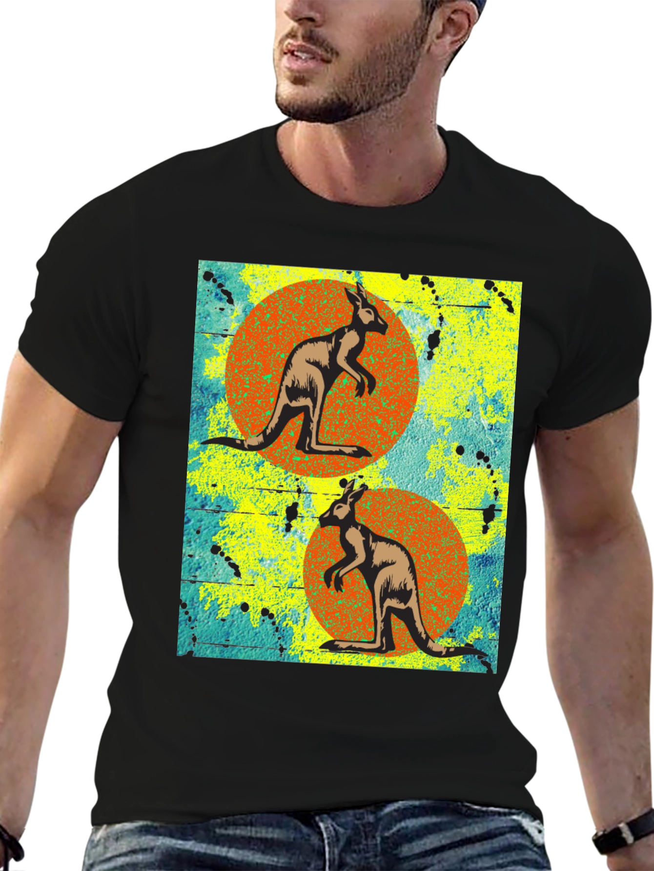 Kangaroo Graphic Print Black T-Shirt