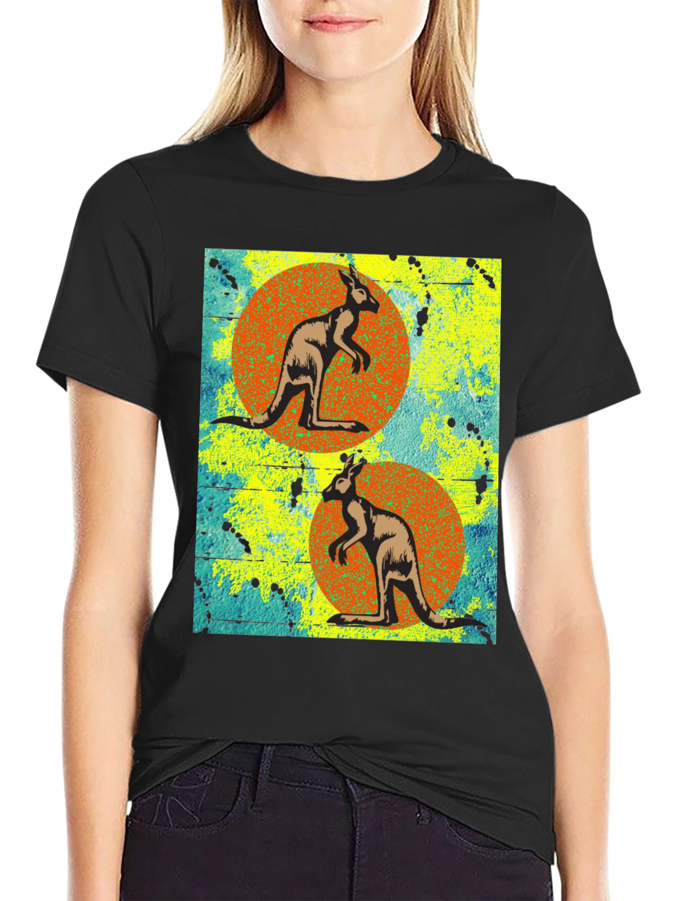 Kangaroo Graphic Print Black T-Shirt