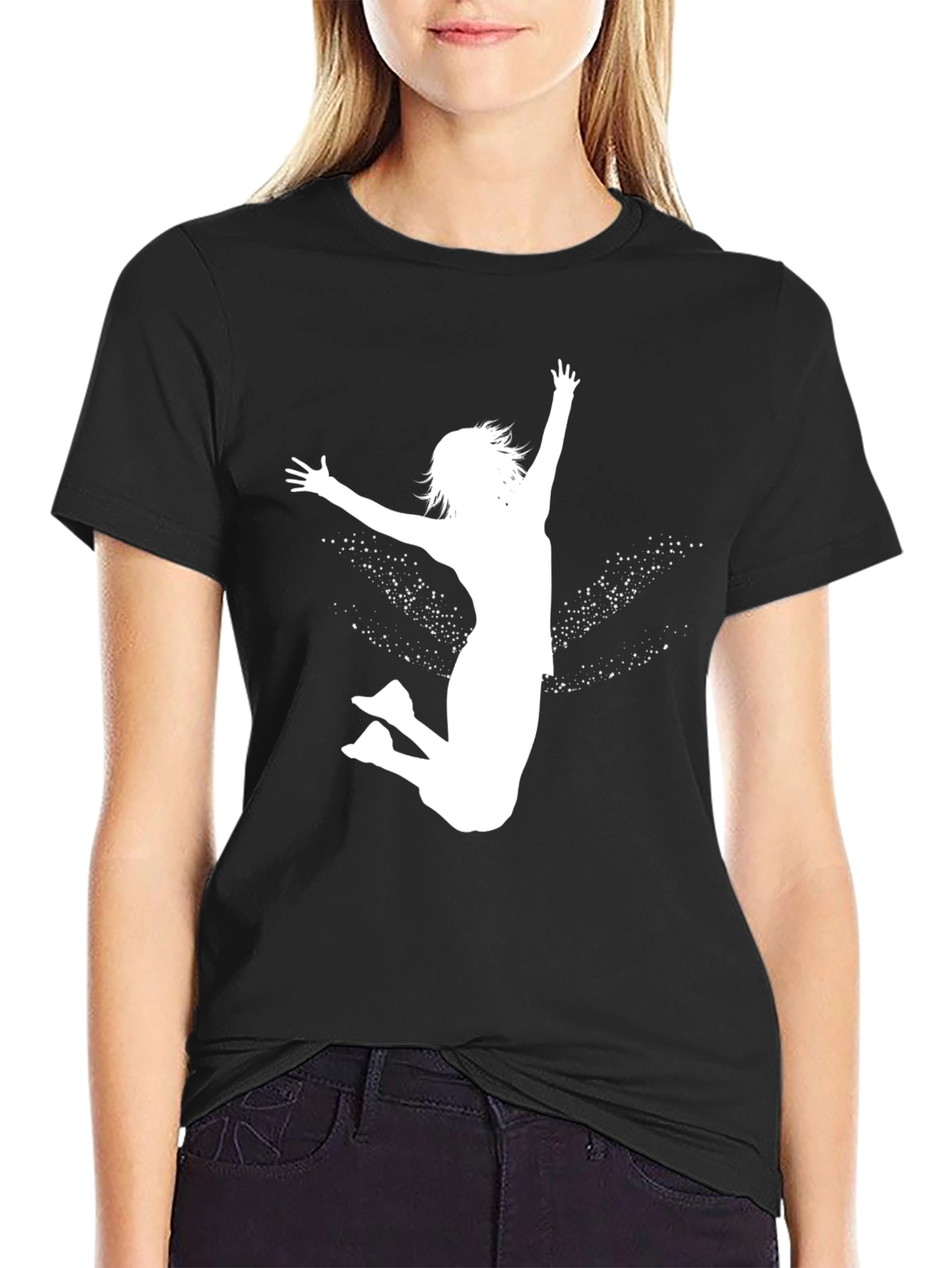 Black Tee with White Jumping Girl Graphic