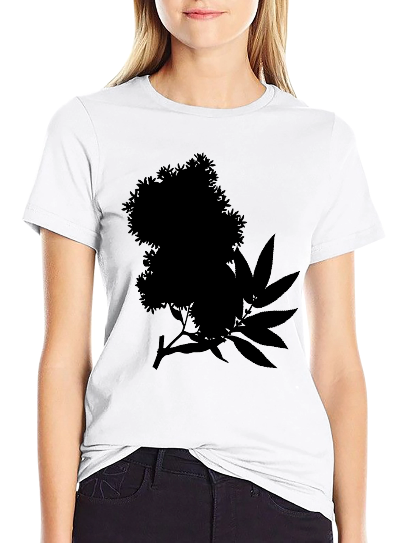 Black Tee with Floral and Leaf Silhouette Design