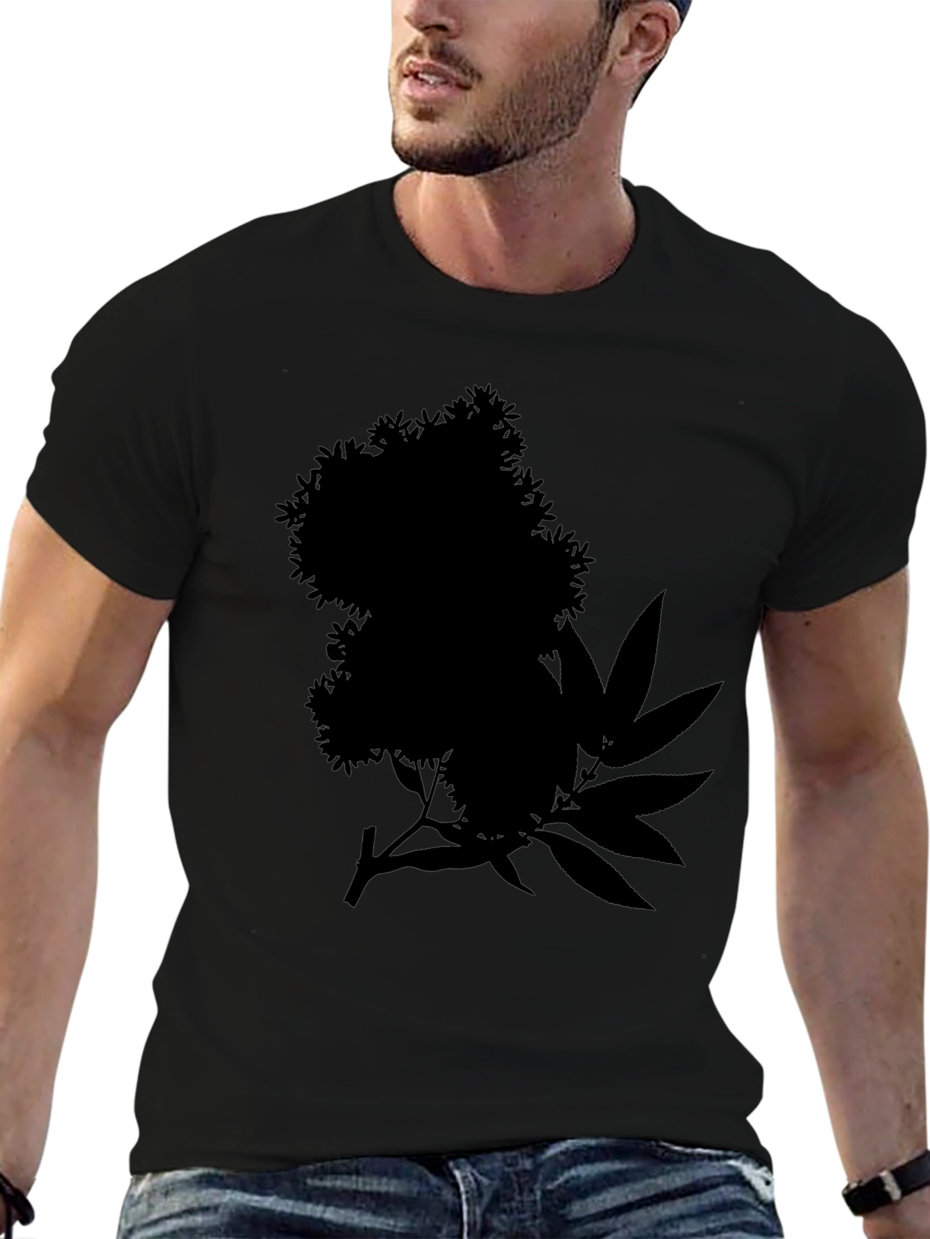 Black Tee with Floral and Leaf Silhouette Design