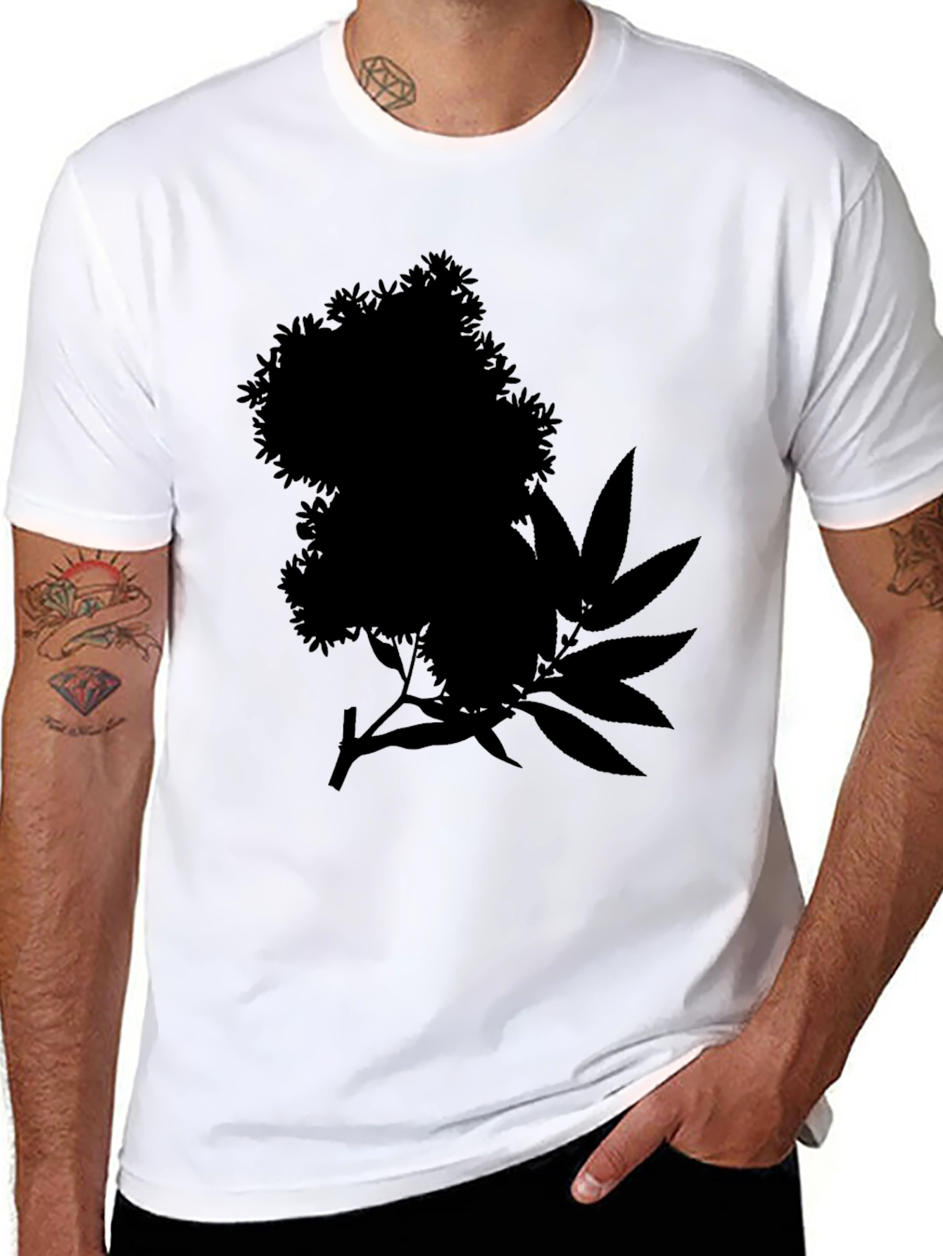 Black Tee with Floral and Leaf Silhouette Design