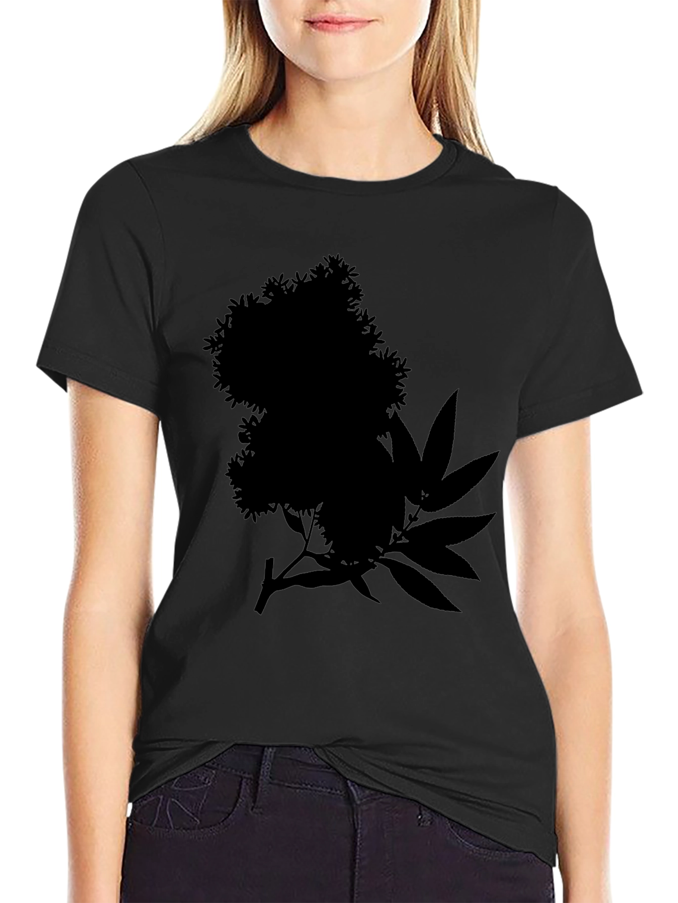 Black Tee with Floral and Leaf Silhouette Design