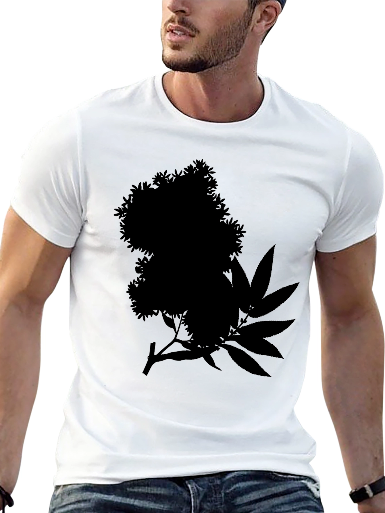 Black Tee with Floral and Leaf Silhouette Design