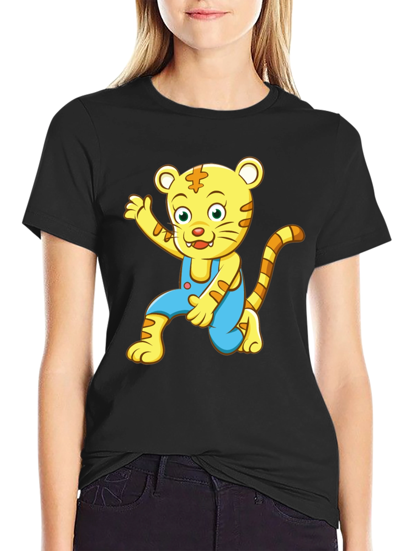 Cartoon Tiger Graphic Tee - Black Cotton Blend