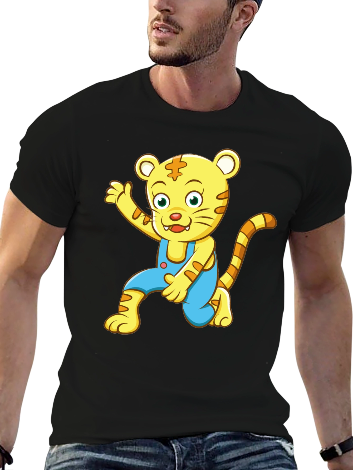 Cartoon Tiger Graphic Tee - Black Cotton Blend