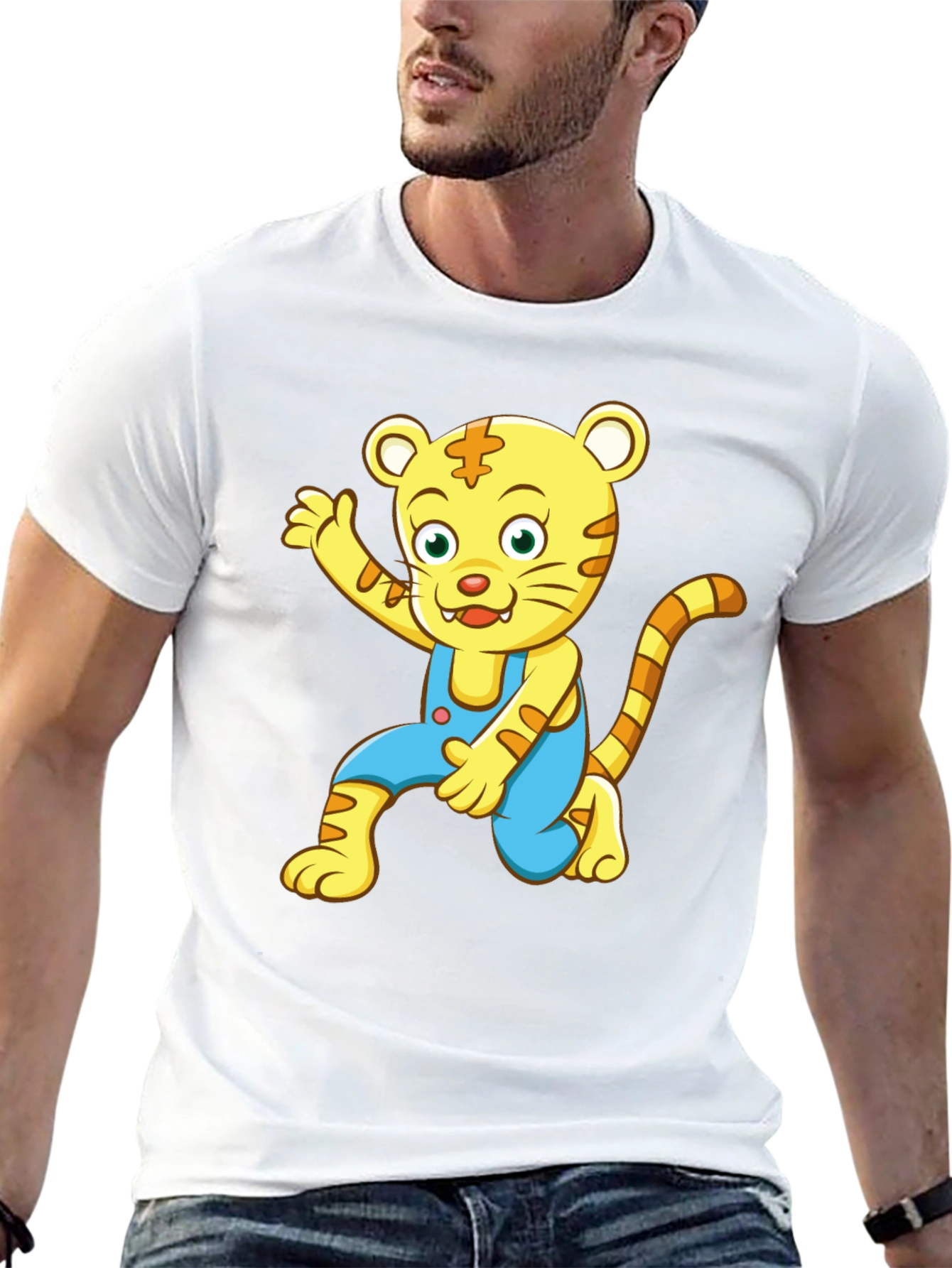 Cartoon Tiger Graphic Tee - Black Cotton Blend