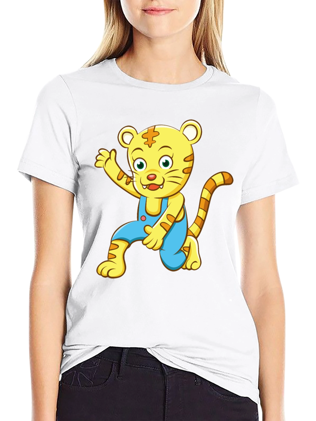 Cartoon Tiger Graphic Tee - Black Cotton Blend