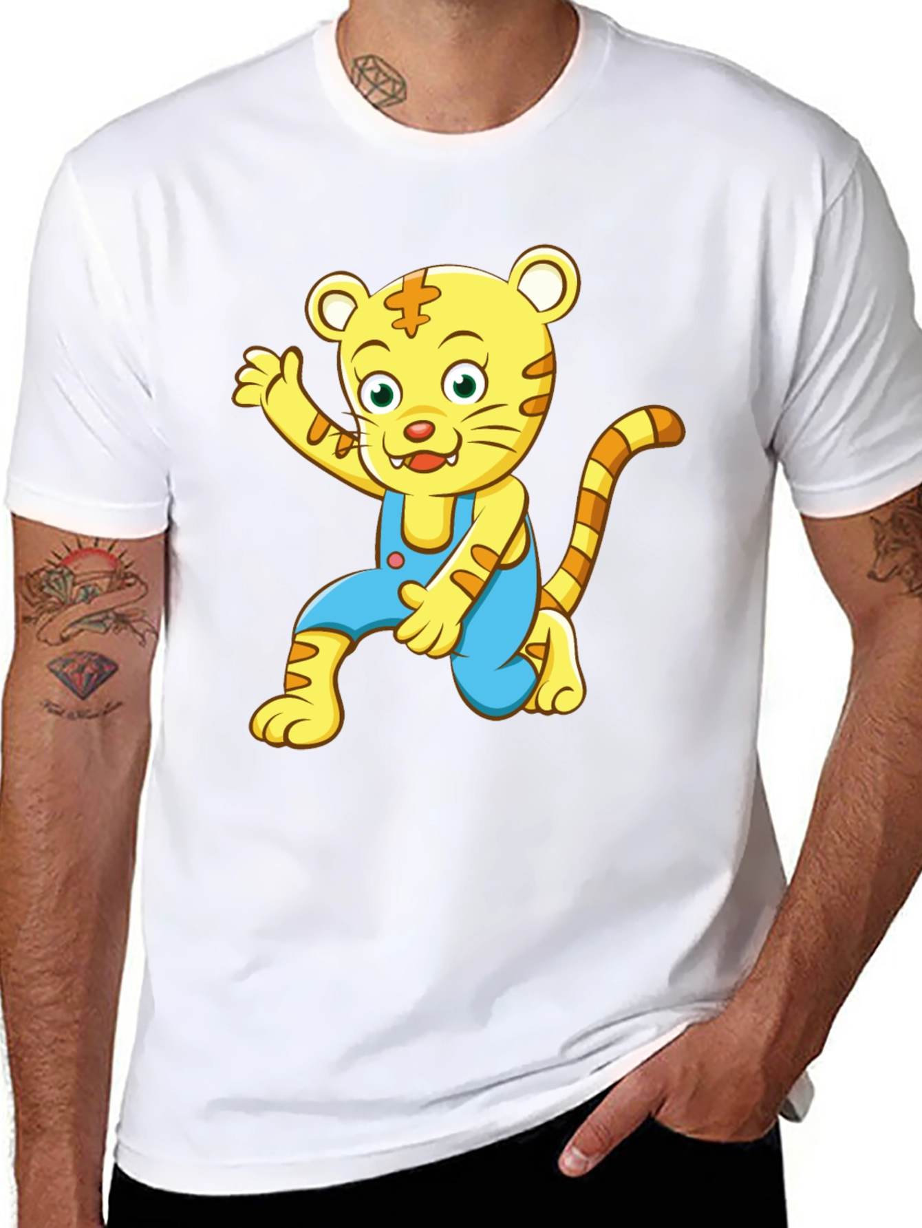 Cartoon Tiger Graphic Tee - Black Cotton Blend