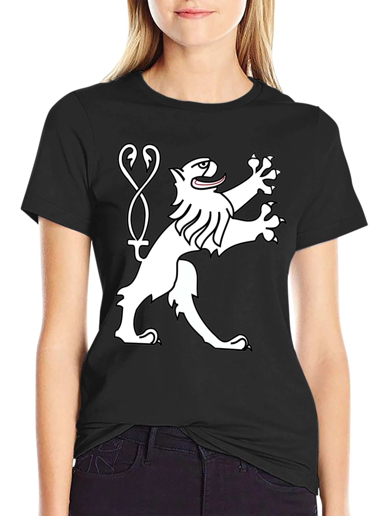 Black Tee Shirt with Heraldic Lion Graphic