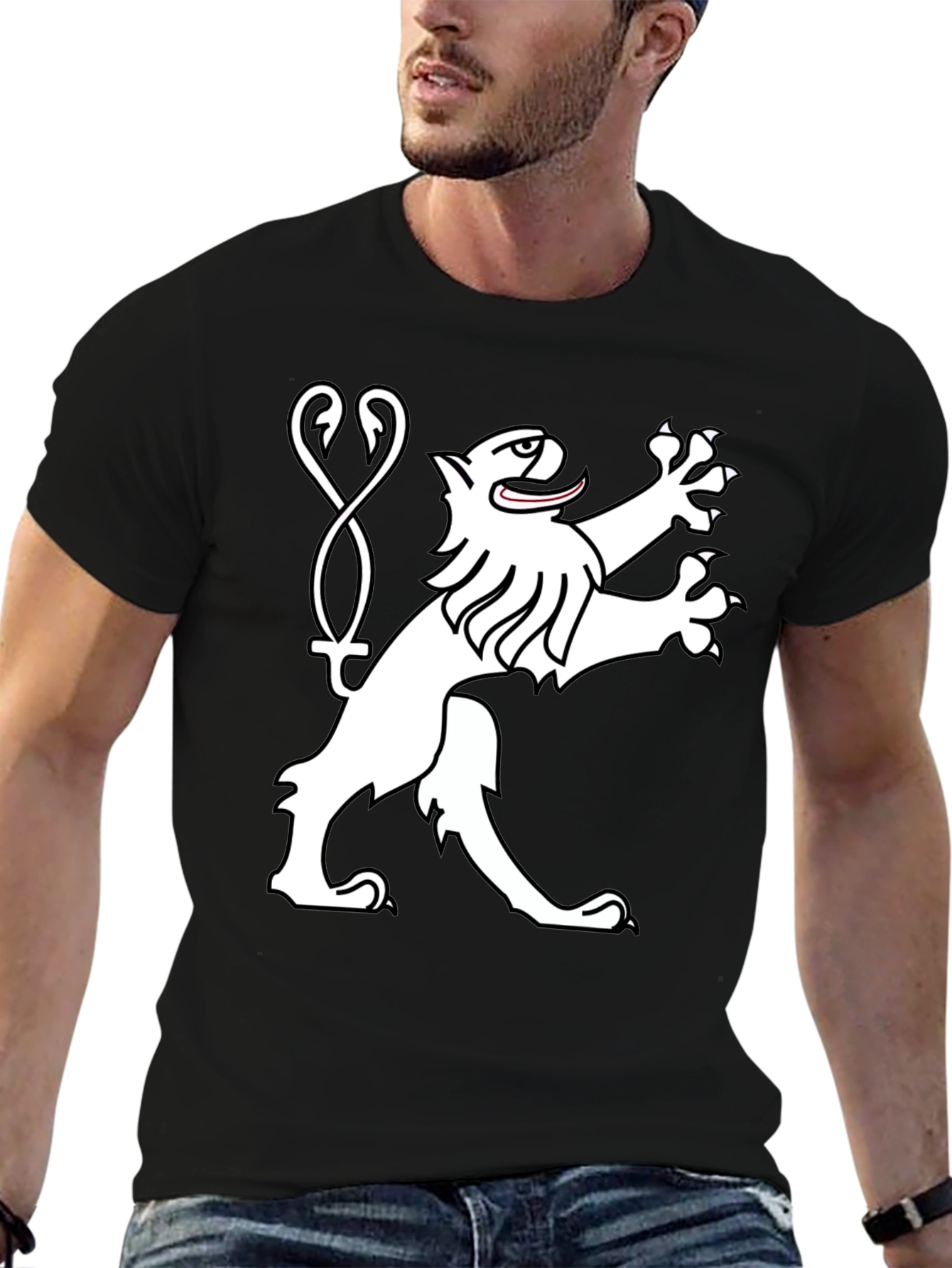 Black Tee Shirt with Heraldic Lion Graphic