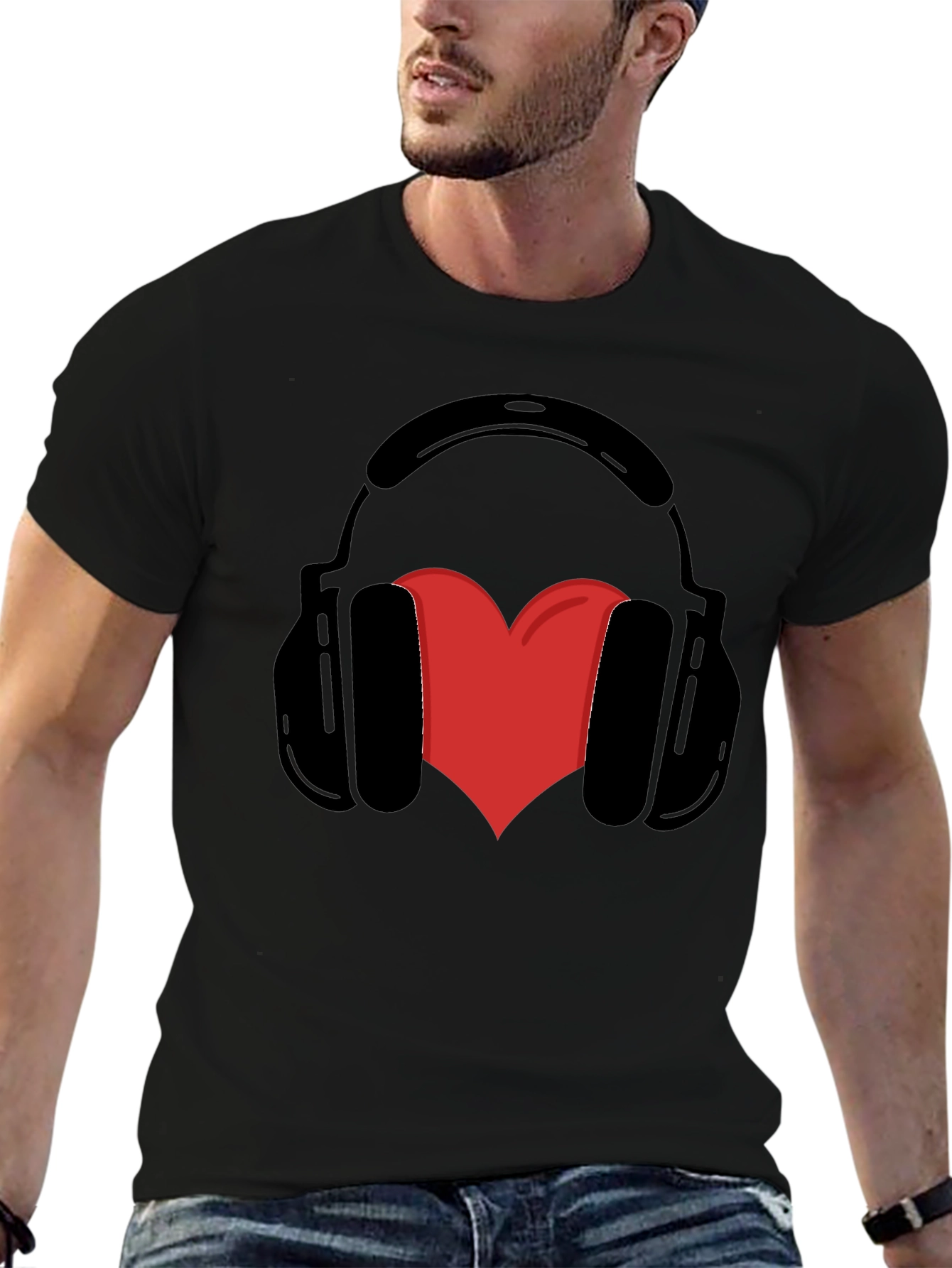 Headphones Heart Graphic Tee - Black Unisex T-Shirt