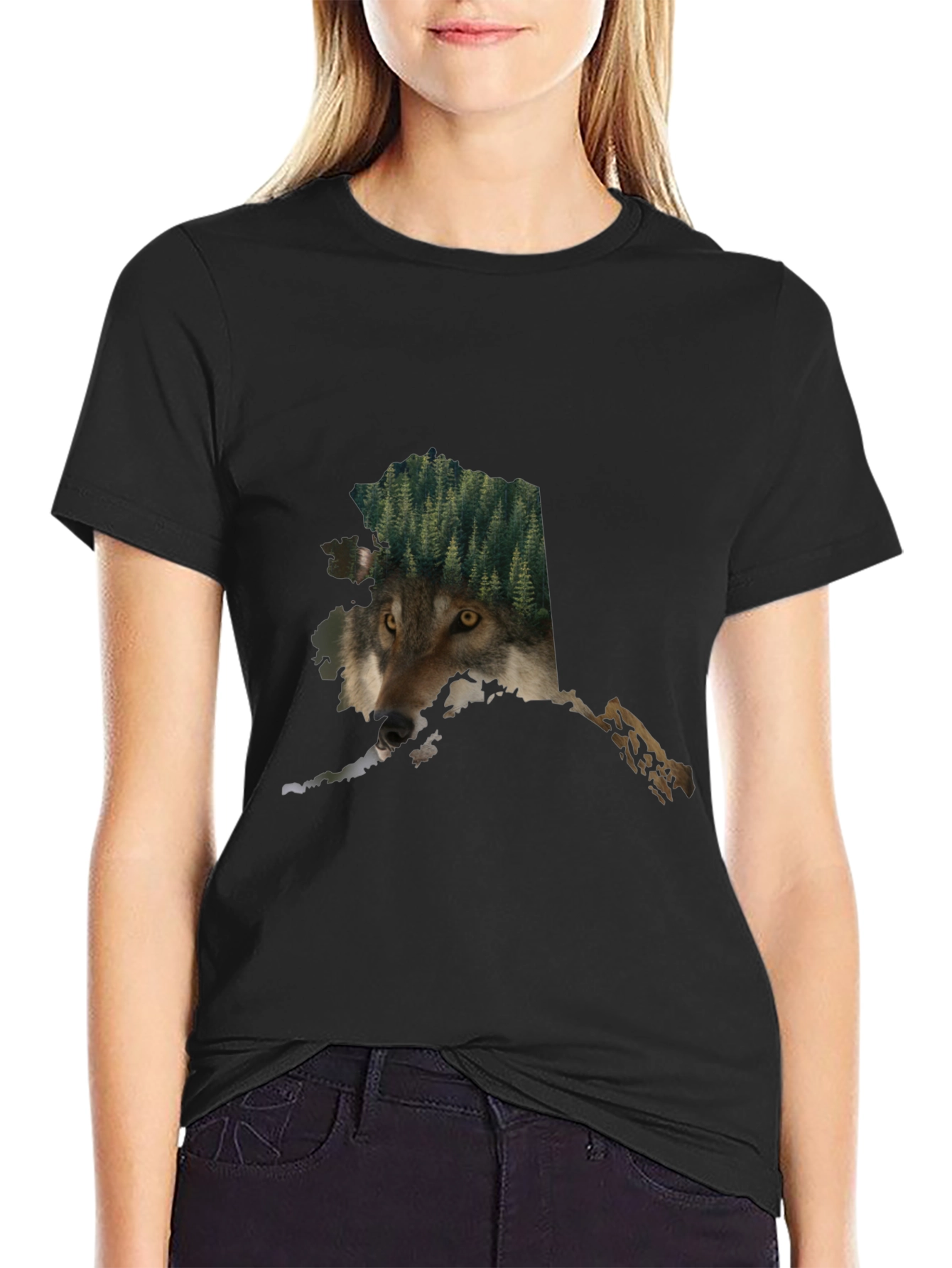 Alaska Wolf Nature Graphic Tee - Black Cotton Blend