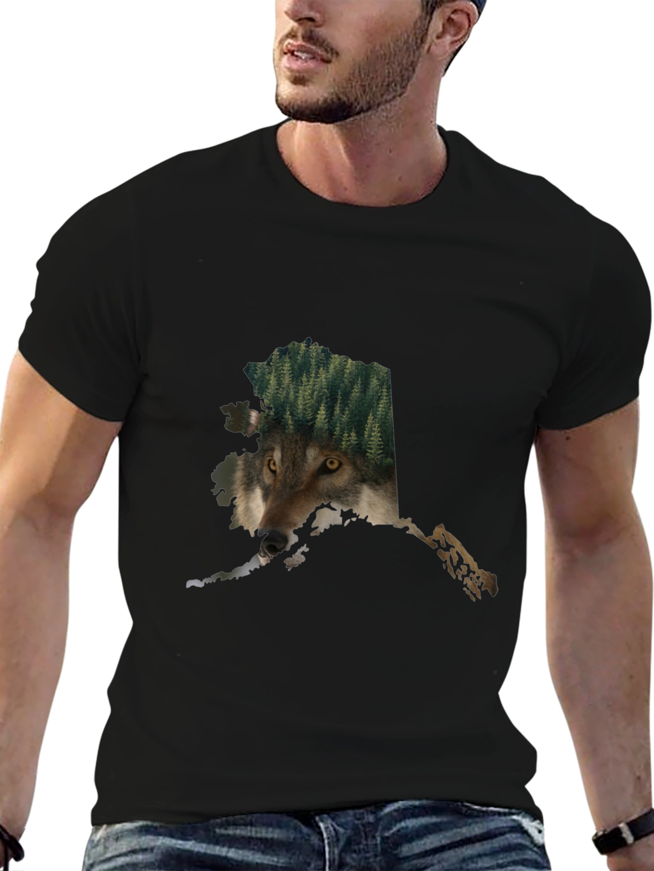 Alaska Wolf Nature Graphic Tee - Black Cotton Blend