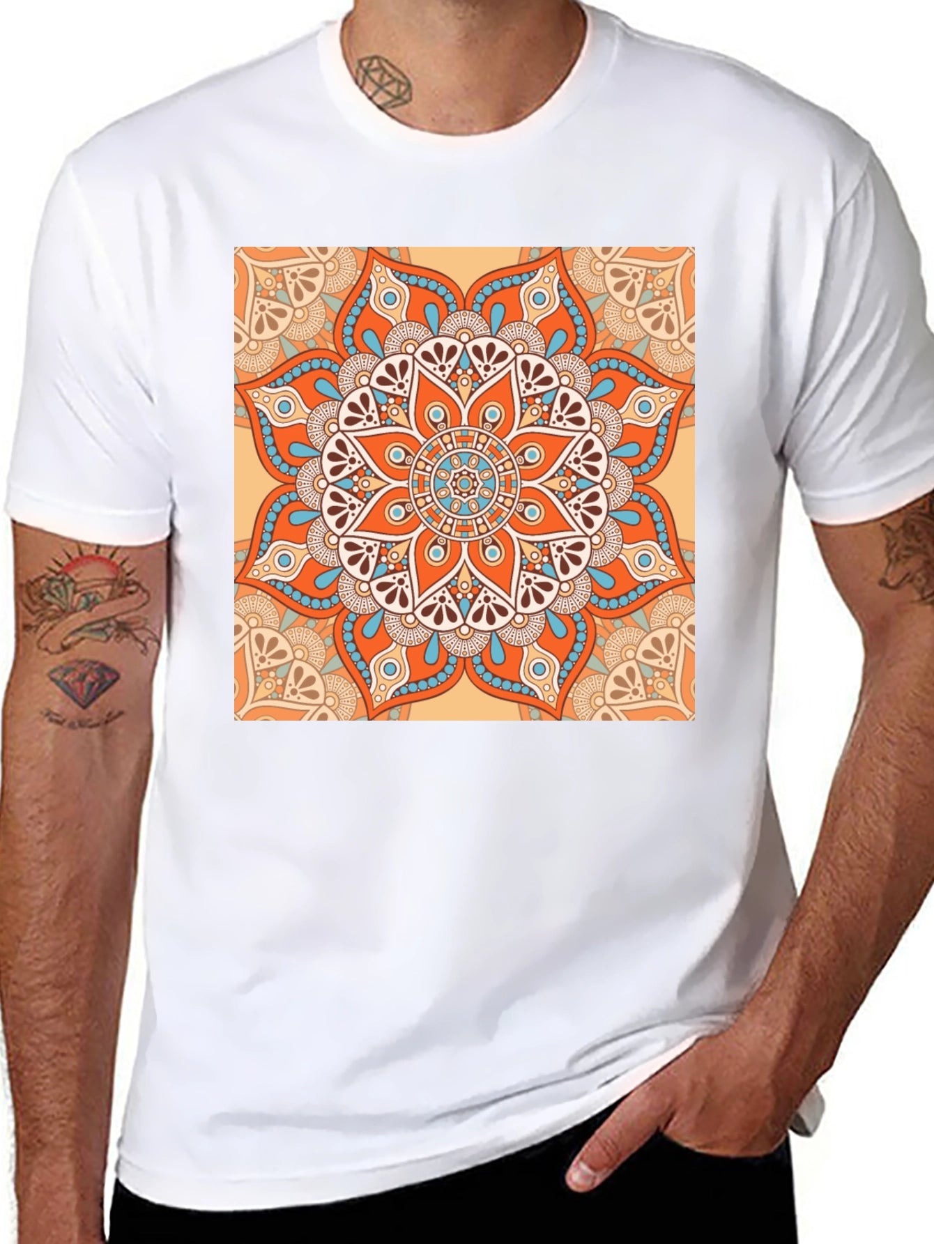 Black T-Shirt with Geometric Mandala Print