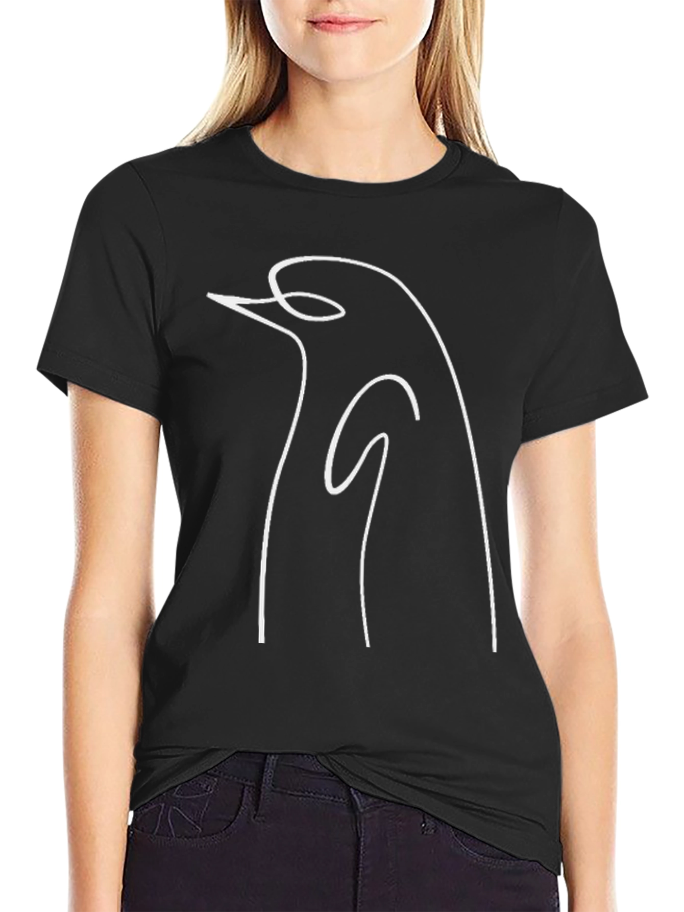 Minimalist Penguin Line Art Black T-Shirt