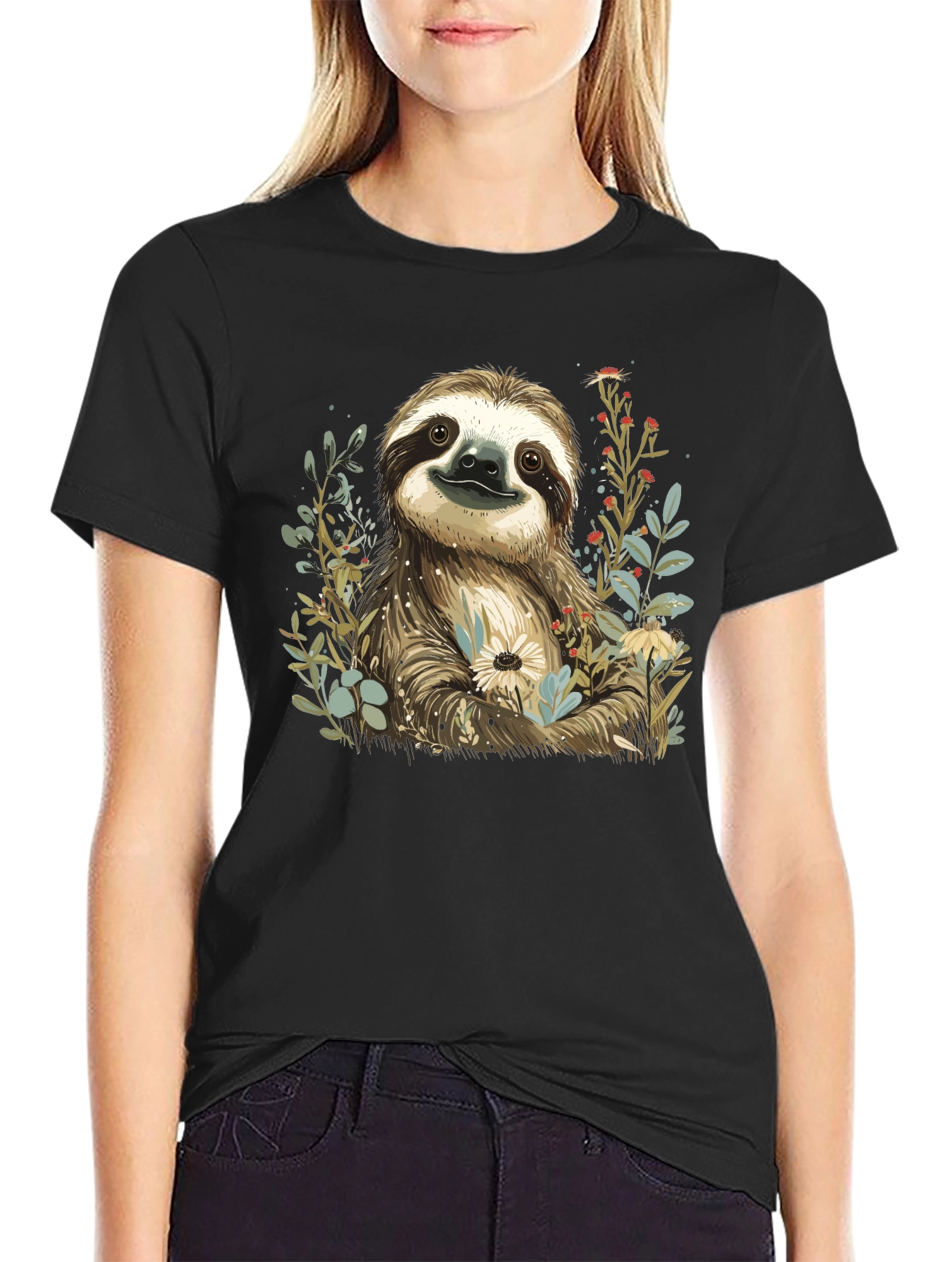 Sloth & Floral Print T-Shirt - Relaxed Fit