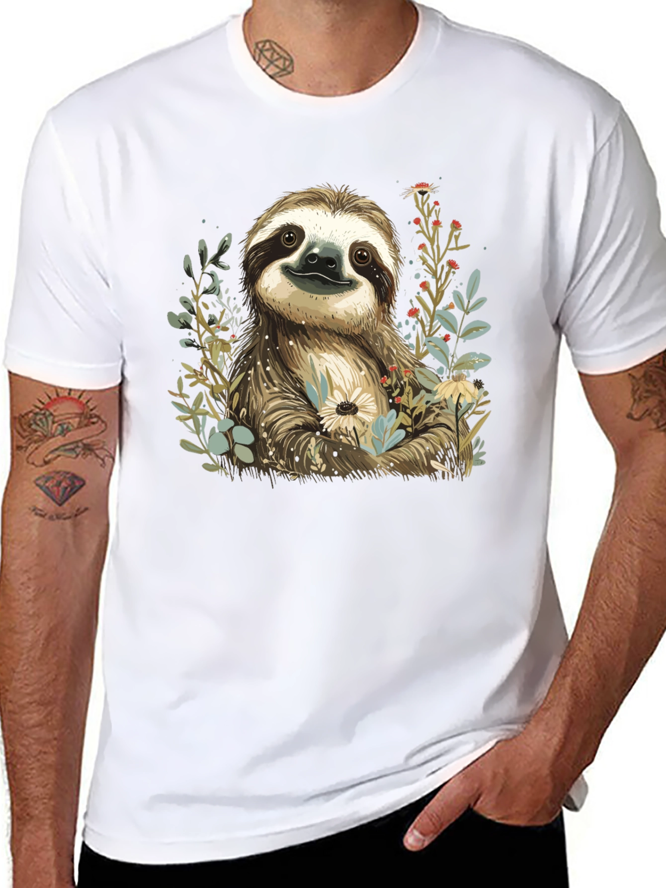 Sloth & Floral Print T-Shirt - Relaxed Fit