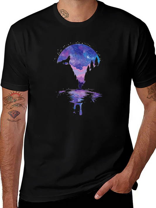 Galaxy Wolf Silhouette Graphic Tee - Mens Black T-Shirt
