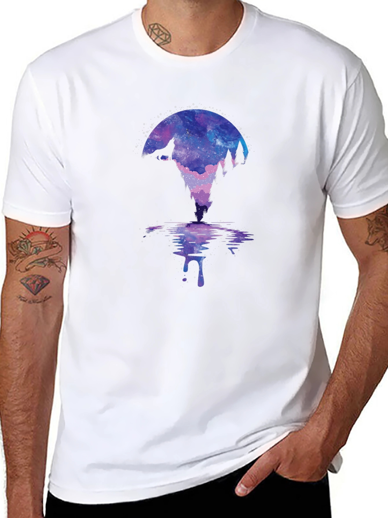 Galaxy Wolf Silhouette Graphic Tee - Mens Black T-Shirt