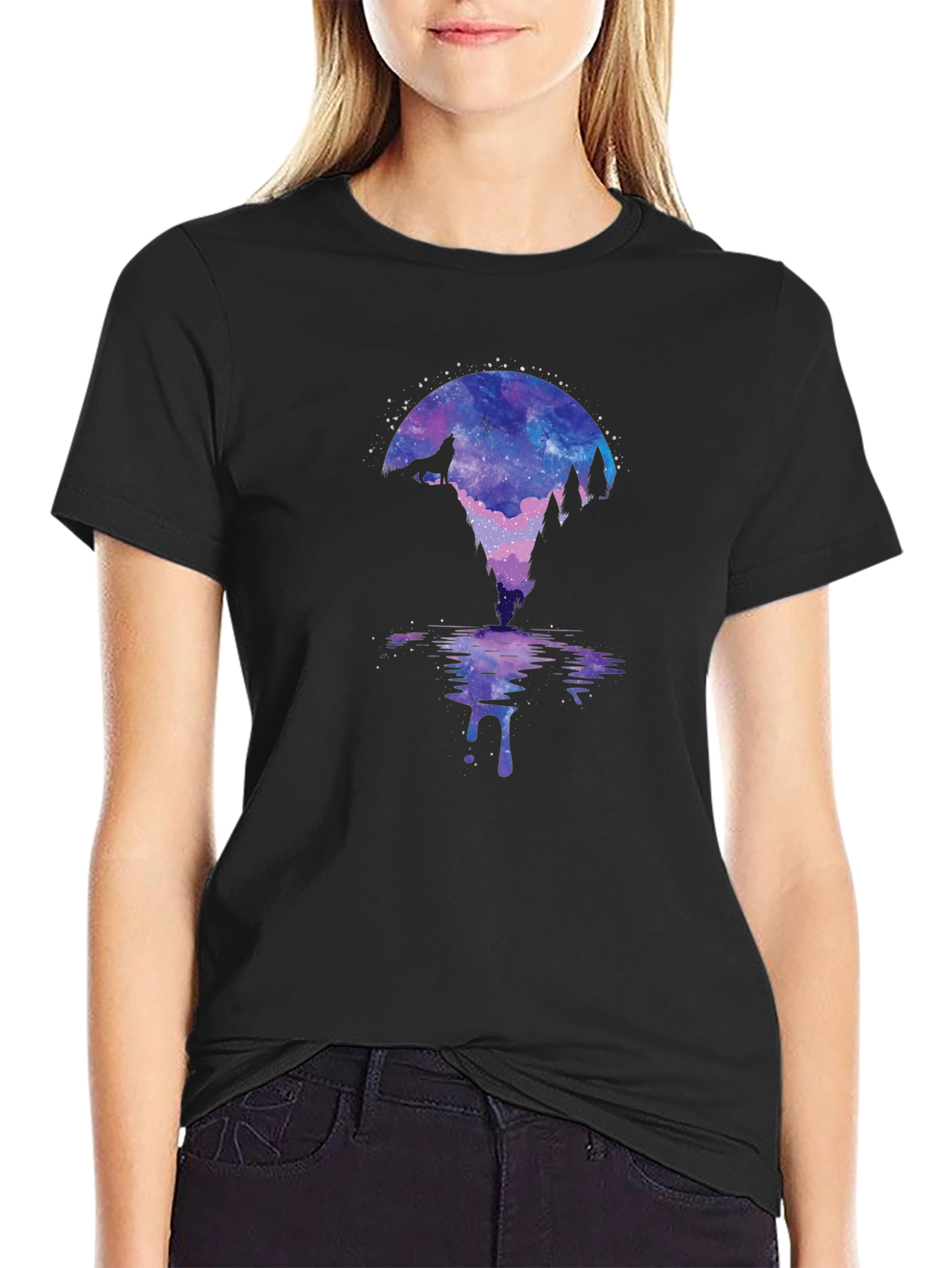 Galaxy Wolf Silhouette Graphic Tee - Mens Black T-Shirt