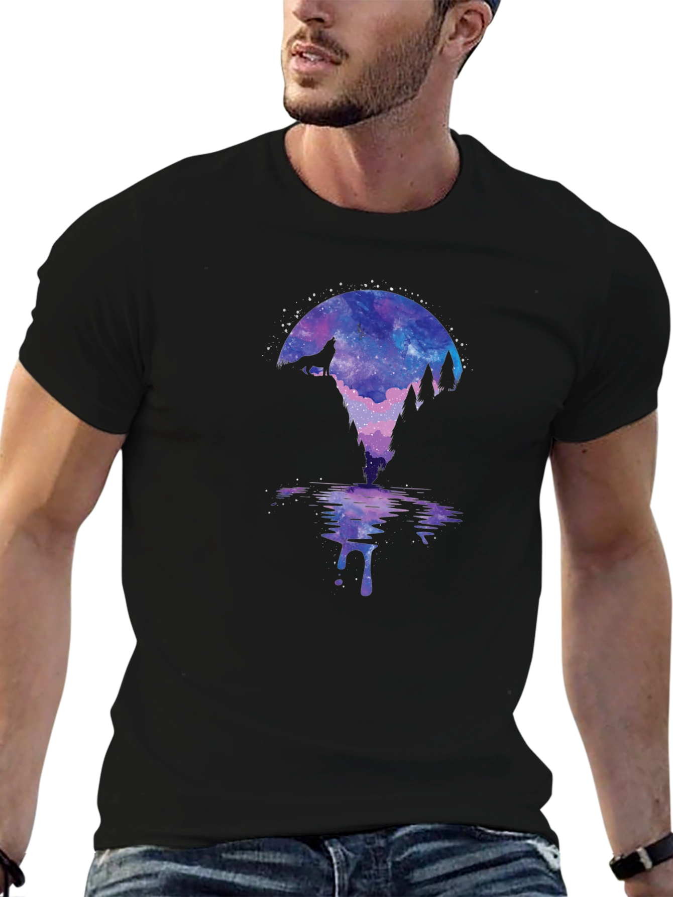 Galaxy Wolf Silhouette Graphic Tee - Mens Black T-Shirt
