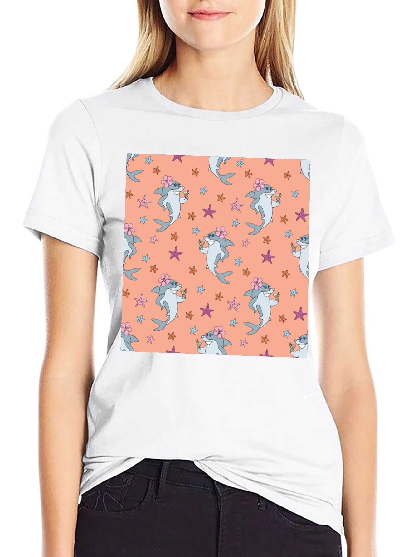 Summer Shark Pattern Black T-Shirt