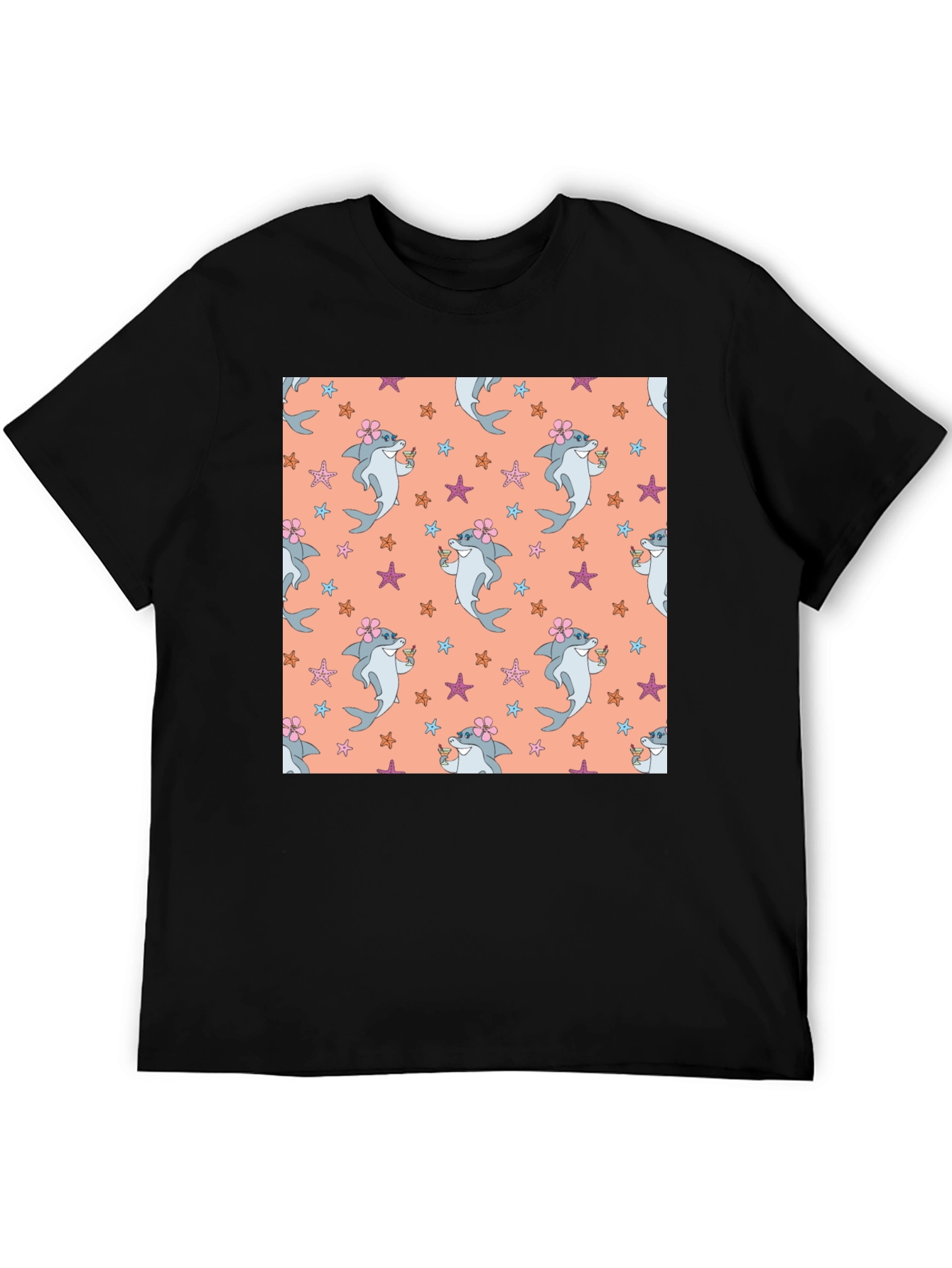 Summer Shark Pattern Black T-Shirt