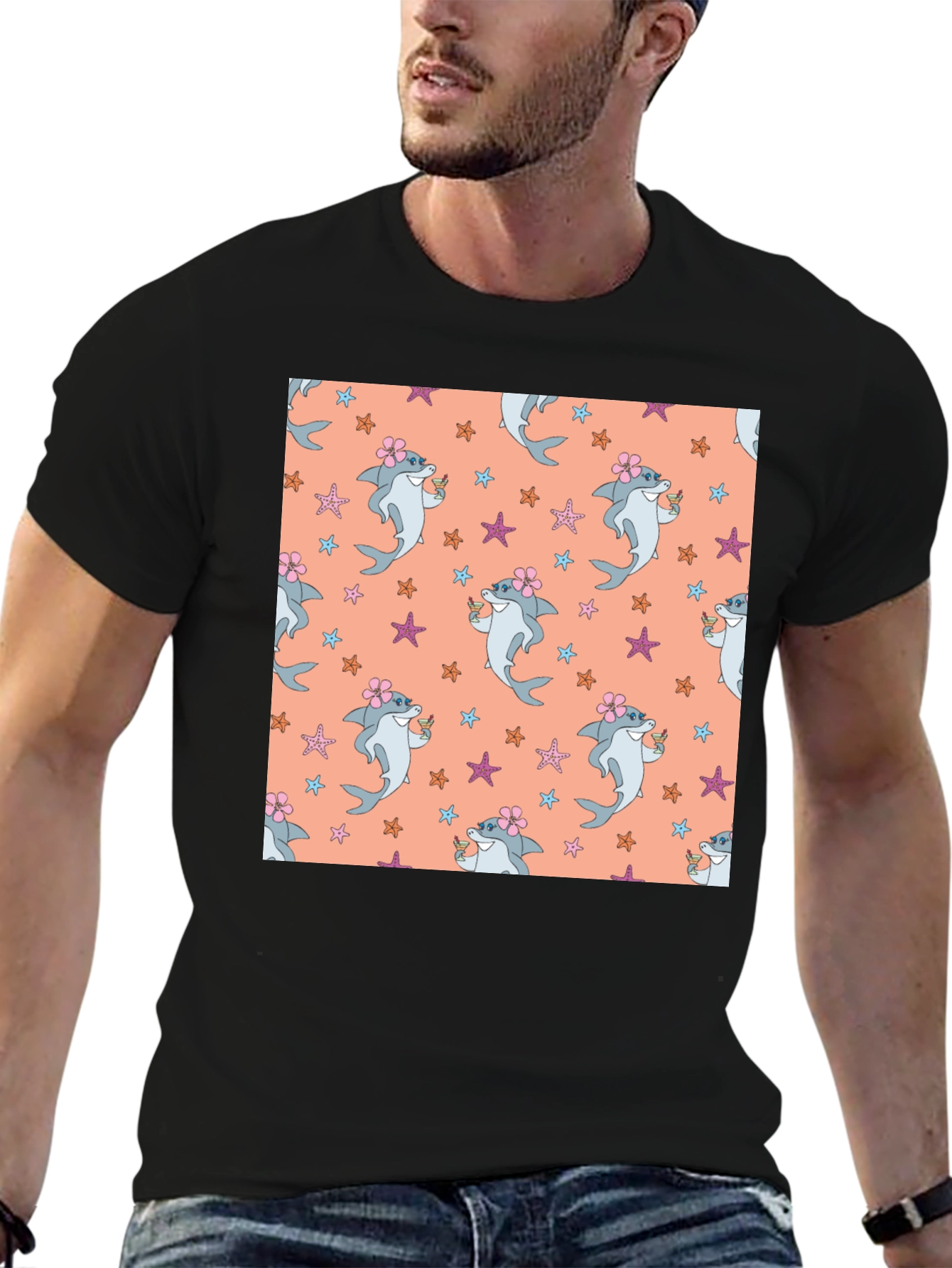 Summer Shark Pattern Black T-Shirt
