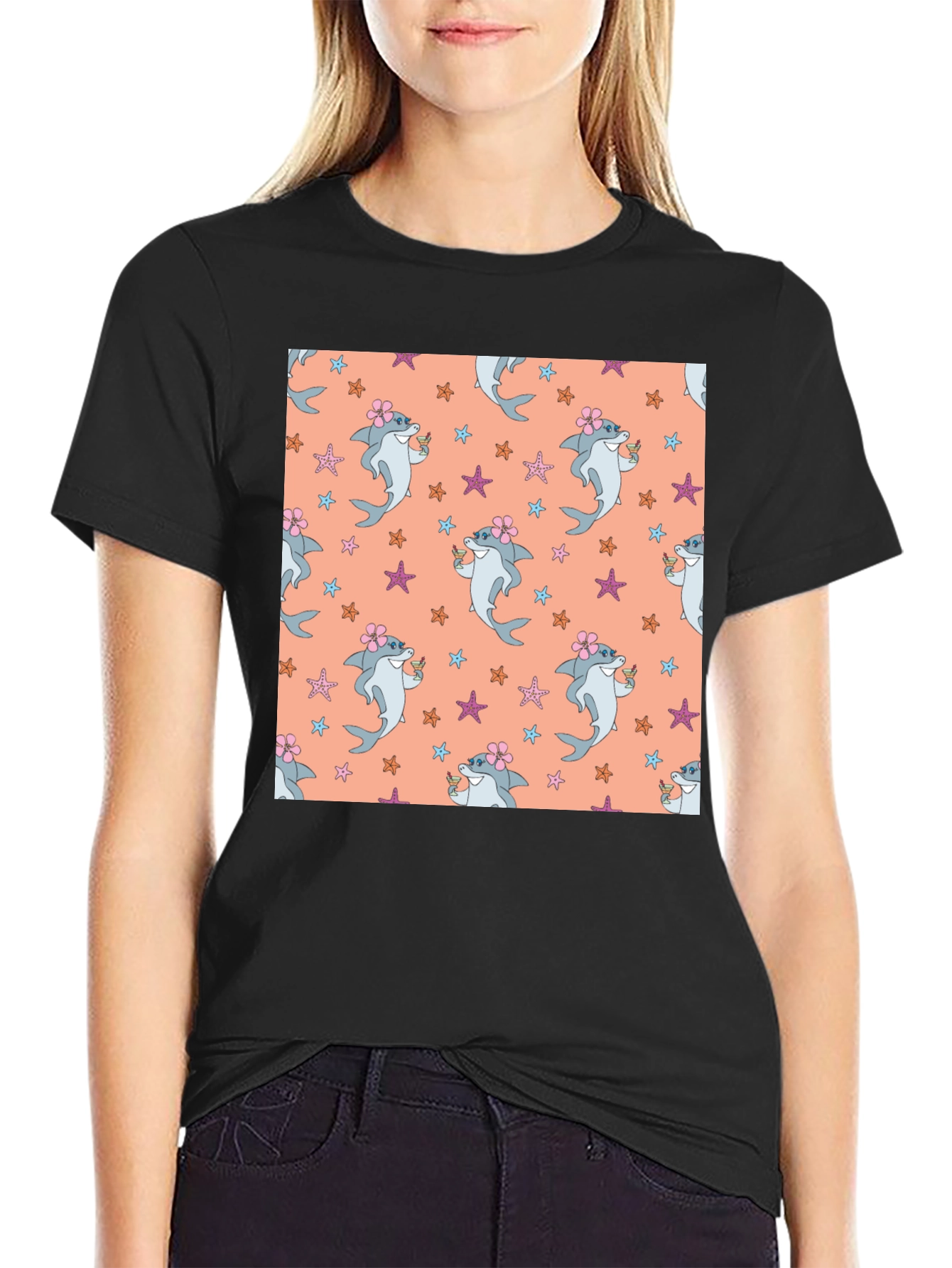 Summer Shark Pattern Black T-Shirt