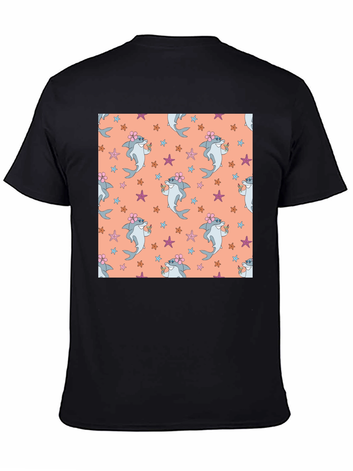Summer Shark Pattern Black T-Shirt