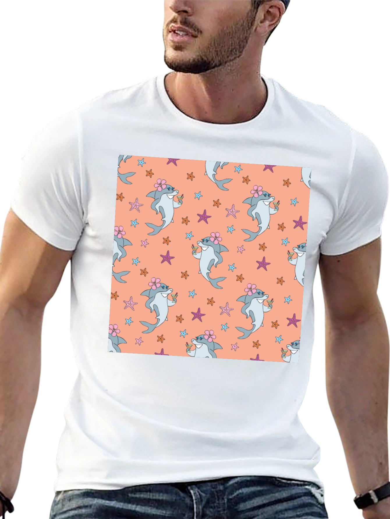 Summer Shark Pattern Black T-Shirt