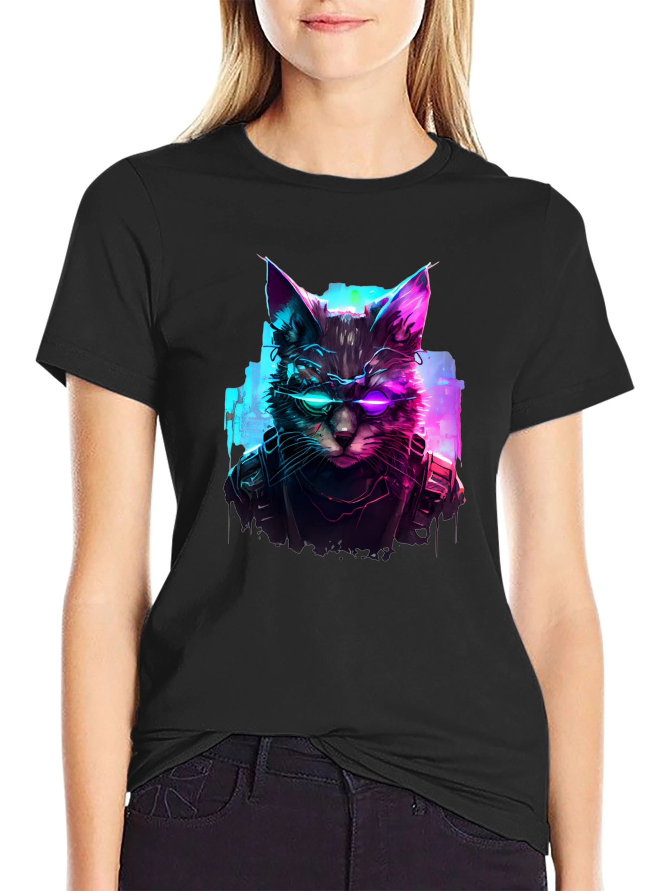 Cyberpunk Cat T-Shirt - Futuristic Feline Design